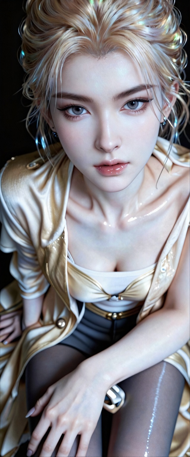 高冷御姐,意境,氛围,精致的五官,明亮的眼睛,高冷美女,晶莹剔透的嘴唇,淡金色短发,凌乱卷发,蛋卷头,修长的手指,高冷,意识流,美女御姐,冷白皮肤,黑灰色瞳孔,锁骨,轻薄的宽松淡金色丝绸外套有垂坠感,超薄烟灰色吊带袜采用高角度视角,光线从侧上方照射,营造出朦胧、闪耀的氛围,高品质,画质清晰,高清,4K,glossy_pantyhose,FFSZ