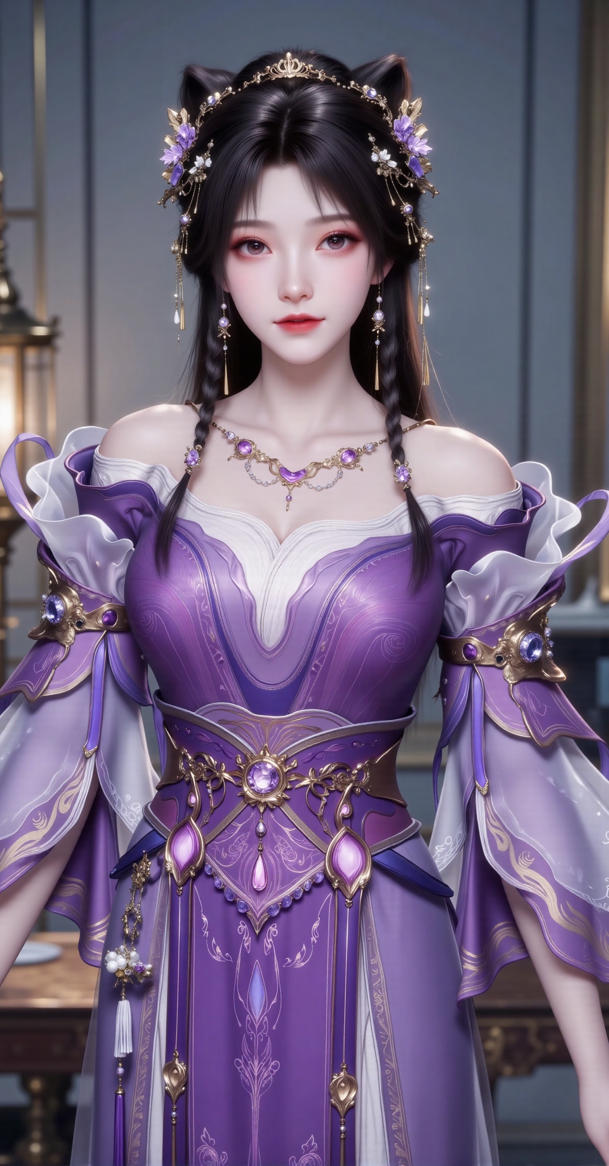This is a digital artwork of a young woman with East Asian features,  depicted in a fantasy or medieval style. She has lon...
