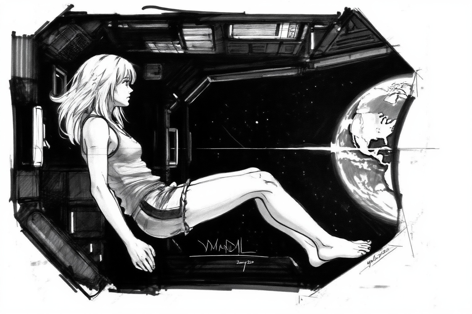 sydmead11zd20 monochrome sketch drawing.  
Profile view of a blonde, floating weightless inside a dark space station. She is wearing a **** top, short shorts and barefoot, and looking outside towards earth. She is melancholic, and is thinking of her family back on earth