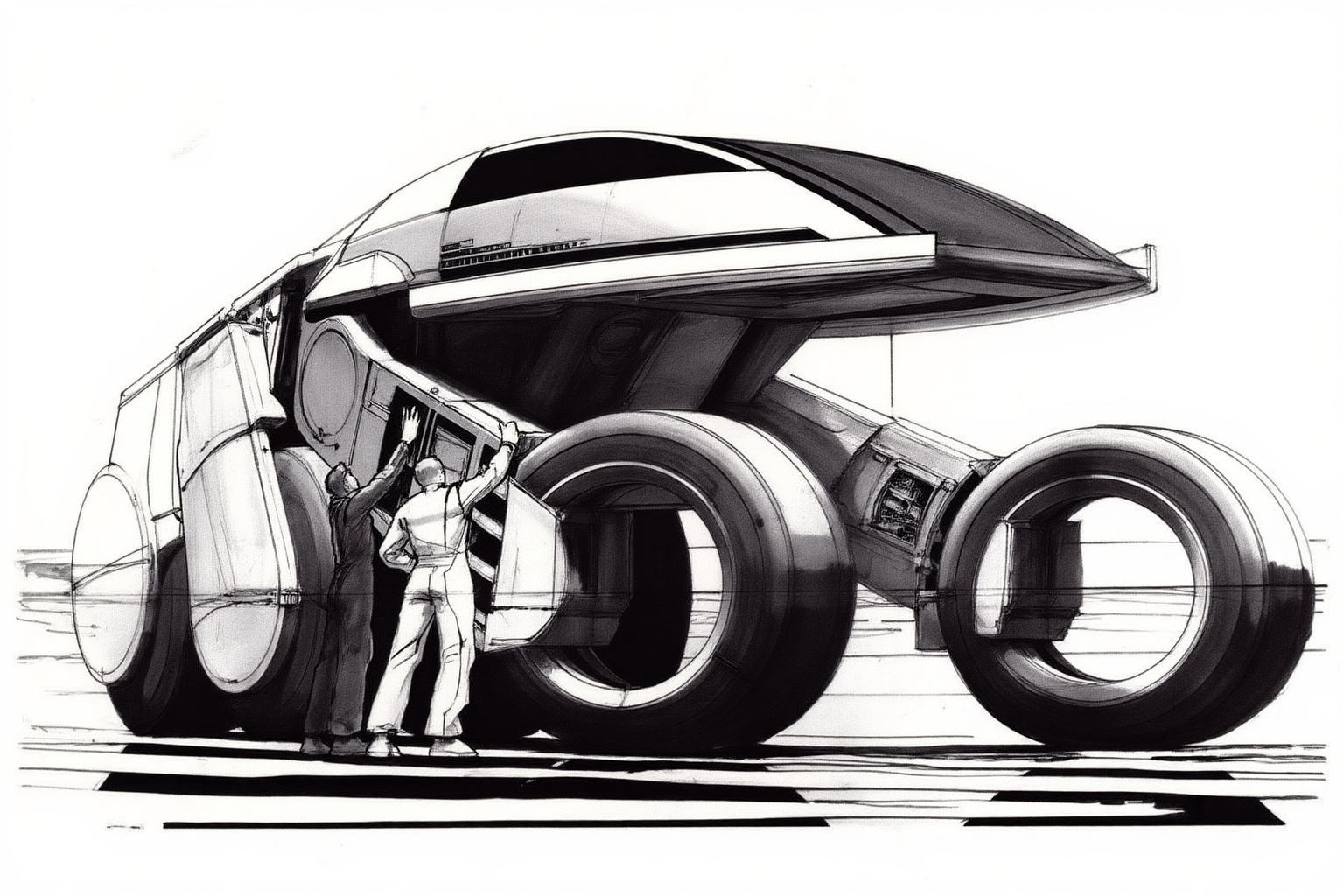 sydmead11zd20 monochrome sketch drawing.  
Two men in light-colored, long-sleeved utility jumpsuits stand beside a massive, multi-wheeled vehicle on a flat, expansive surface. Both men are seen from the side and slightly from behind, facing the machine with their arms raised toward a detailed side panel. Their outfits feature visible seams and functional details. The vehicle is characterized by four large, hubless wheels and a streamlined, aerodynamic upper structure that overhangs the front section. The two men appear small in comparison to the vehicle's immense size, which is emphasized by a low-angle perspective. The ground is level with sparse horizontal markings and dark shadows cast beneath the machine, while the background is a plain, bright space suggesting an open-air facility. The composition focuses on the scale and interaction between the workers and the large-scale machinery.