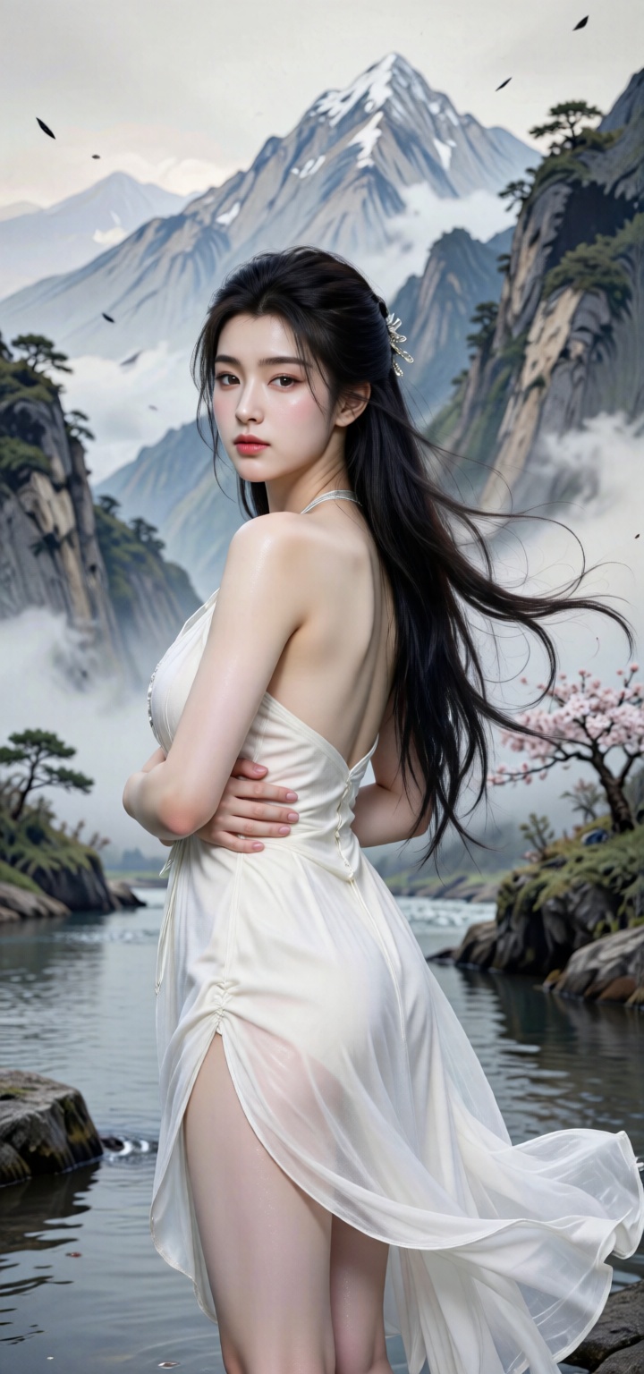 (mountain and water landscape:1.3), (ink splashing technique:1.2), (natural beauty:1.2), (poetic mood:1.2), (freehand brushwork:1.2), (blurred lines:1.1), (sparse composition:1.1), (subtle details:1.1), (ethereal atmosphere:1.2), (serene and tranquil:1.2), (vivid imagination:1.1), (unrestrained expression:1.1), (dynamic movement:1.1), (subtle ink color variations:1.1), (flowing brushstrokes:1.2), (artistic interpretation:1.2), (visual ambiguity:1.1), (aesthetic contemplation:1.2), (a beautiful woman:1.3), (ethereal beauty:1.2), (graceful and elegant:1.2), (rosy cheeks:1.1), (lips like cherry blossoms:1.1), (willowy figure:1.2), (long black hair:1.1), (flowing white dress:1.2), (standing by the water:1.2), (surrounded by mountains:1.2), (harmony of nature and human:1.2).
wide shot,close-up,arms behind back,aurora_glossy_pantyhose