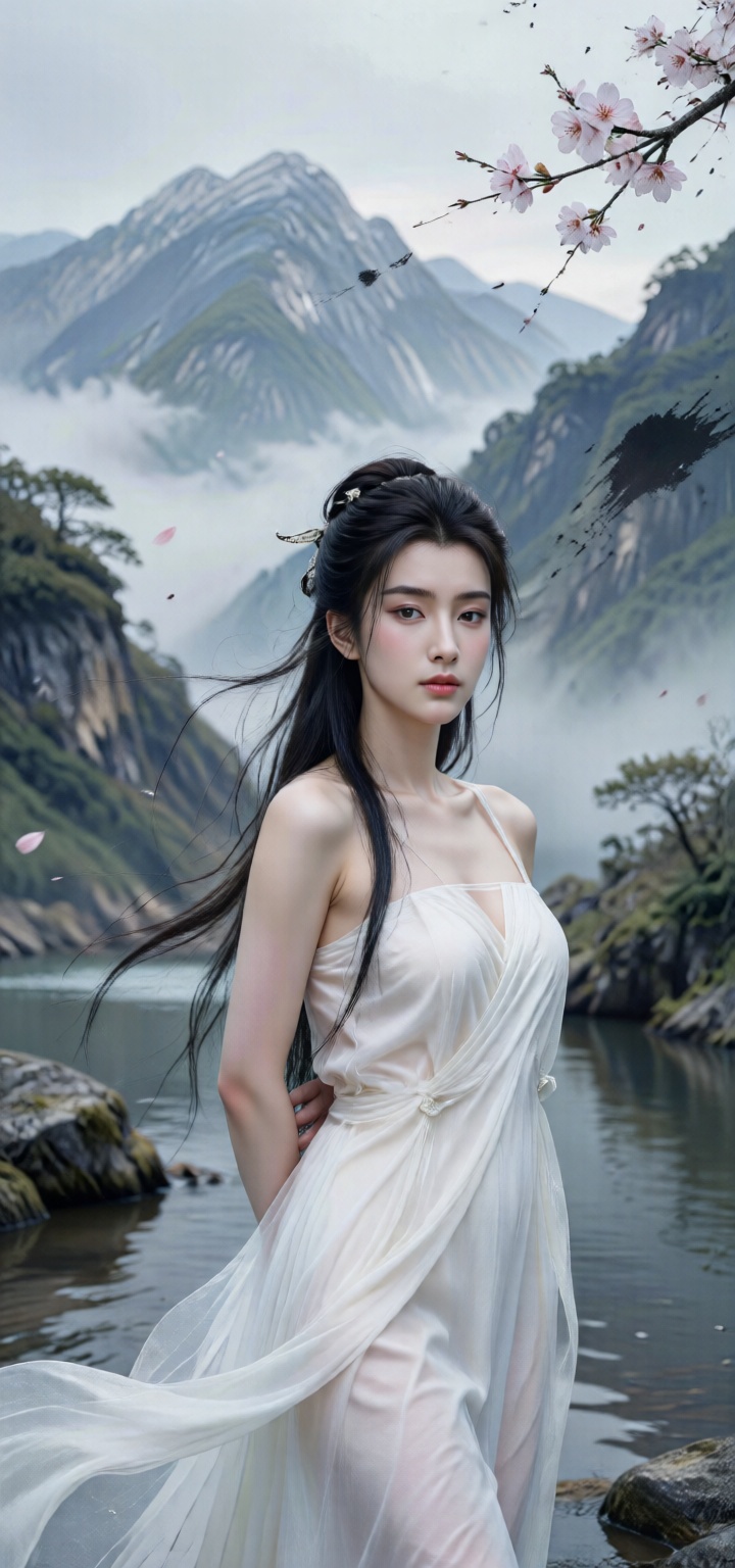 (mountain and water landscape:1.3), (ink splashing technique:1.2), (natural beauty:1.2), (poetic mood:1.2), (freehand brushwork:1.2), (blurred lines:1.1), (sparse composition:1.1), (subtle details:1.1), (ethereal atmosphere:1.2), (serene and tranquil:1.2), (vivid imagination:1.1), (unrestrained expression:1.1), (dynamic movement:1.1), (subtle ink color variations:1.1), (flowing brushstrokes:1.2), (artistic interpretation:1.2), (visual ambiguity:1.1), (aesthetic contemplation:1.2), (a beautiful woman:1.3), (ethereal beauty:1.2), (graceful and elegant:1.2), (rosy cheeks:1.1), (lips like cherry blossoms:1.1), (willowy figure:1.2), (long black hair:1.1), (flowing white dress:1.2), (standing by the water:1.2), (surrounded by mountains:1.2), (harmony of nature and human:1.2).
wide shot,close-up,arms behind back,