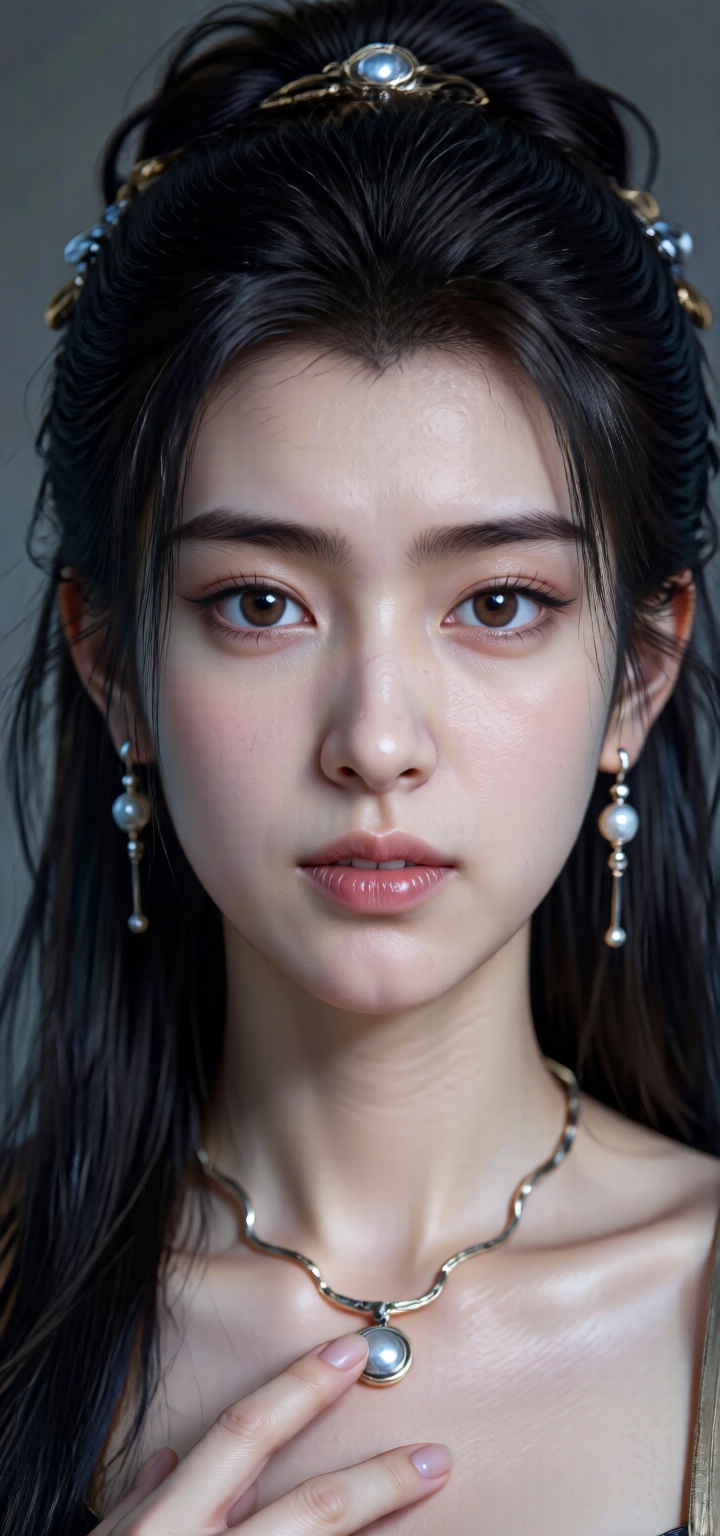 1girl, solo, long hair, looking at viewer, black hair, hair ornament, brown eyes, jewelry, upper body, earrings, necklace, lips, realistic, nose