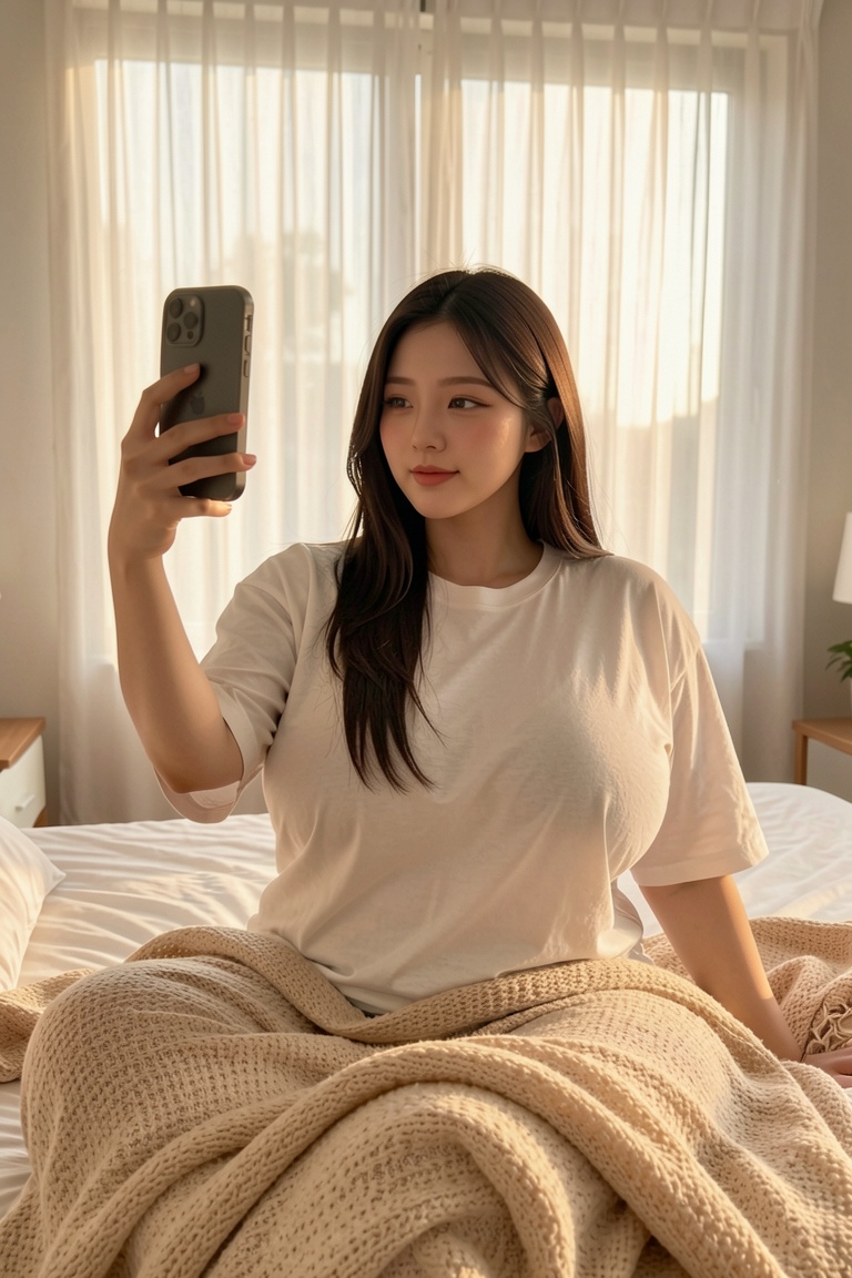 Ultra-realistic portrait,  gigantic breasts Asian woman taking selfie in her bedroom,  golden morning sunlight streaming t...