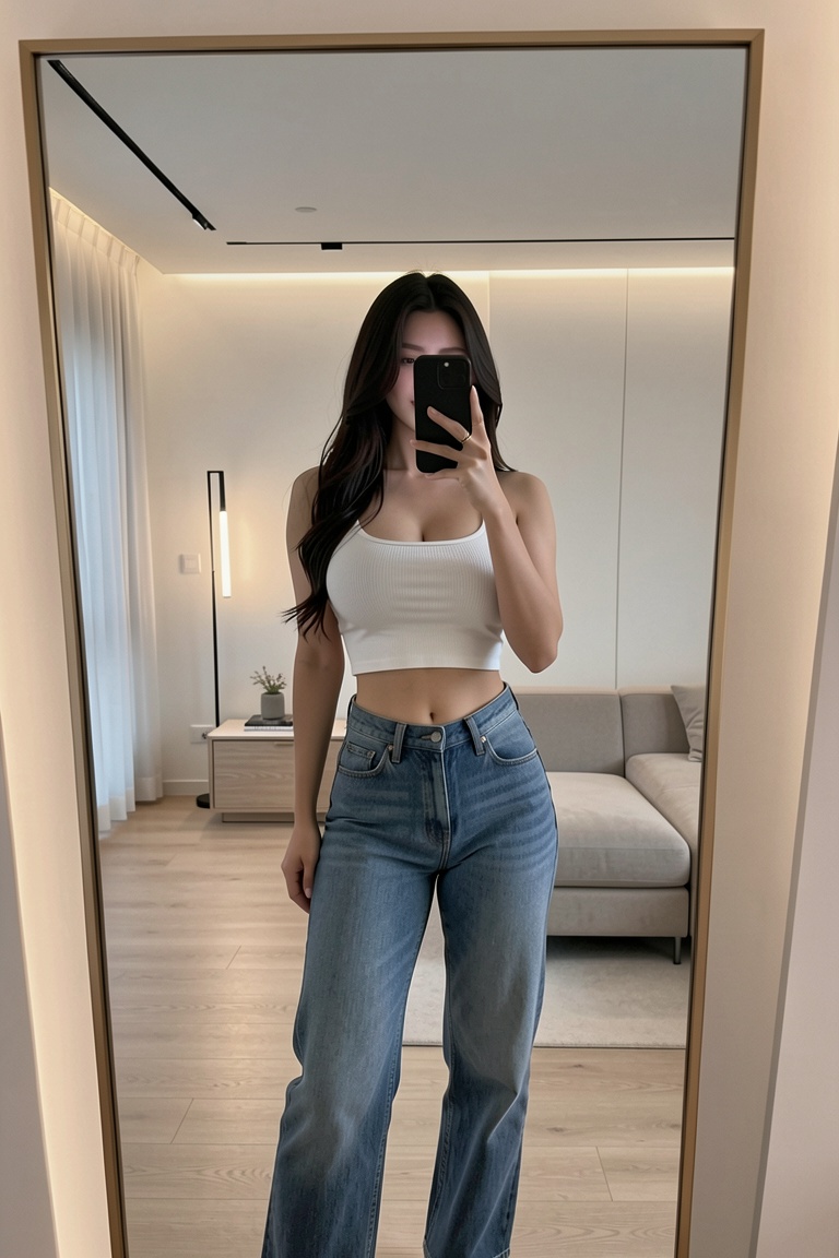Realistic photography,  stylish influencer posing in front of large full-length mirror,  holding phone for selfie on Tenso...