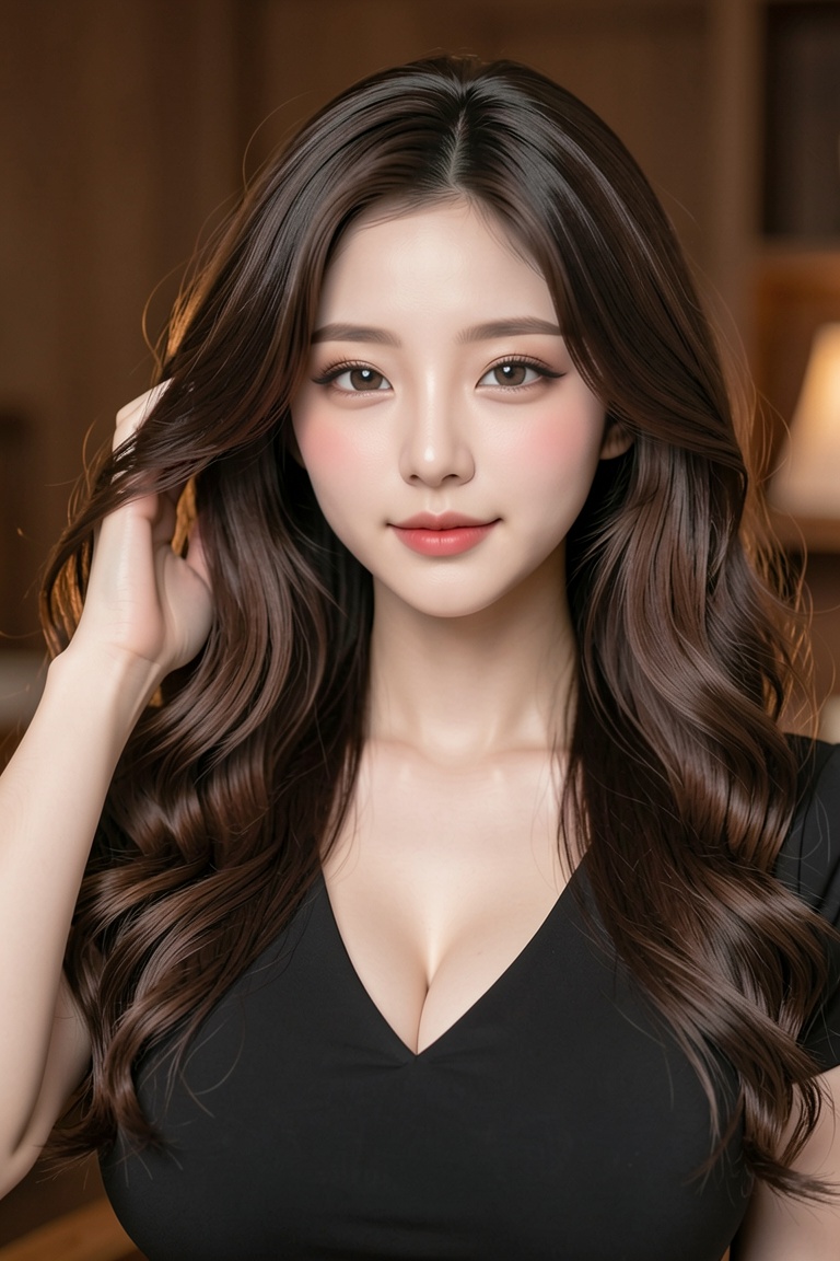 This is a highly realistic digital portrait of an East gigantic breasts Asian woman in her early 20s. She has long,  curly...