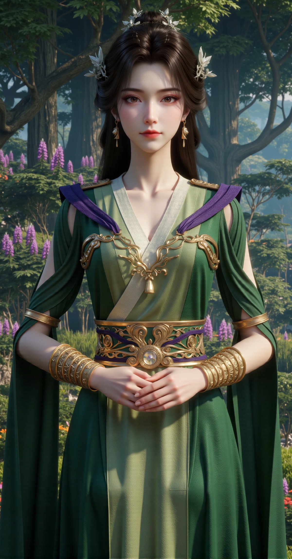This is a digitally created image of a young woman with an ethereal,  fantasy-like appearance. She has fair skin and delic...