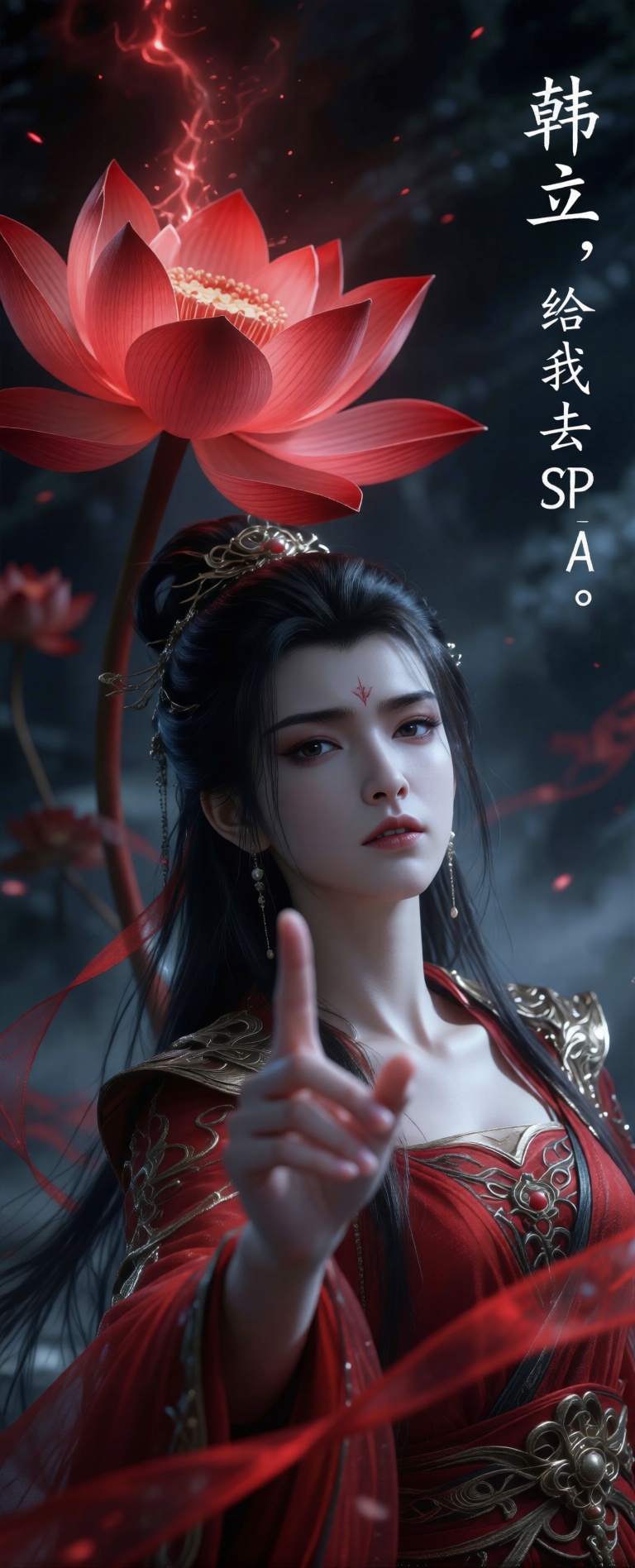 为中式怪诞电影风格。美丽而优雅神圣的燕如嫣,红衣,慈悲中又有点邪性的,单手向着镜头勾勾手指,诱惑,仿佛伸出画面。背景是血红色的莲花,散发着血红色的冲天光芒,旁边有一列竖着的台词旁白：“韩立,给我去SPA。”脸部白皙皮肤光滑水嫩细腻,高雅的质感,斜眼看镜头,腼腆。飘渺神秘,红色丝带镜头前虚化借景,画笔厚涂,低饱和度,笔触纹理清晰,画面通过细腻的笔触和丰富的色彩层次塑造主体与场景,质感逼真,法天象地,表情高冷,服装华丽,复杂,奢华,唯美,充满压迫感,整体兼具艺术感,大透视,底光打在脸上,镜头仰视主体,悲天悯人,高高在上,圣洁高傲,清冷淡漠如梦如幻,氛围感。超广角强透视构图,张力十足,压迫感,细节生动完美。极其震撼的一幕,视觉冲击力强,光影彼此交织错杂的梦幻感,朦胧,明暗对比强烈,阴影过渡自然,电影级构图,视觉冲击,8K画质,超清,极致细节,清晰的线条,高对比,大师级别的作品。立体渲染,精细画笔,超细腻笔触,线条流畅,超清画质,完美品质,高质量,自适应饱和度,专业级打光,大师杰作,自由视角,阴影过渡自然,氛围感,高级感,意境,亮闪,唯美,宿命感拉满,弥散粒子,画面具有层次感。视觉冲击大,故事感,高级感,动态感。震撼,大师构图震撼人心。游戏感,强烈透视,震撼视觉,ue5渲染,命运史诗感,黑色风格,诺兰电影色调,浓雾,弥散,唯美辉光