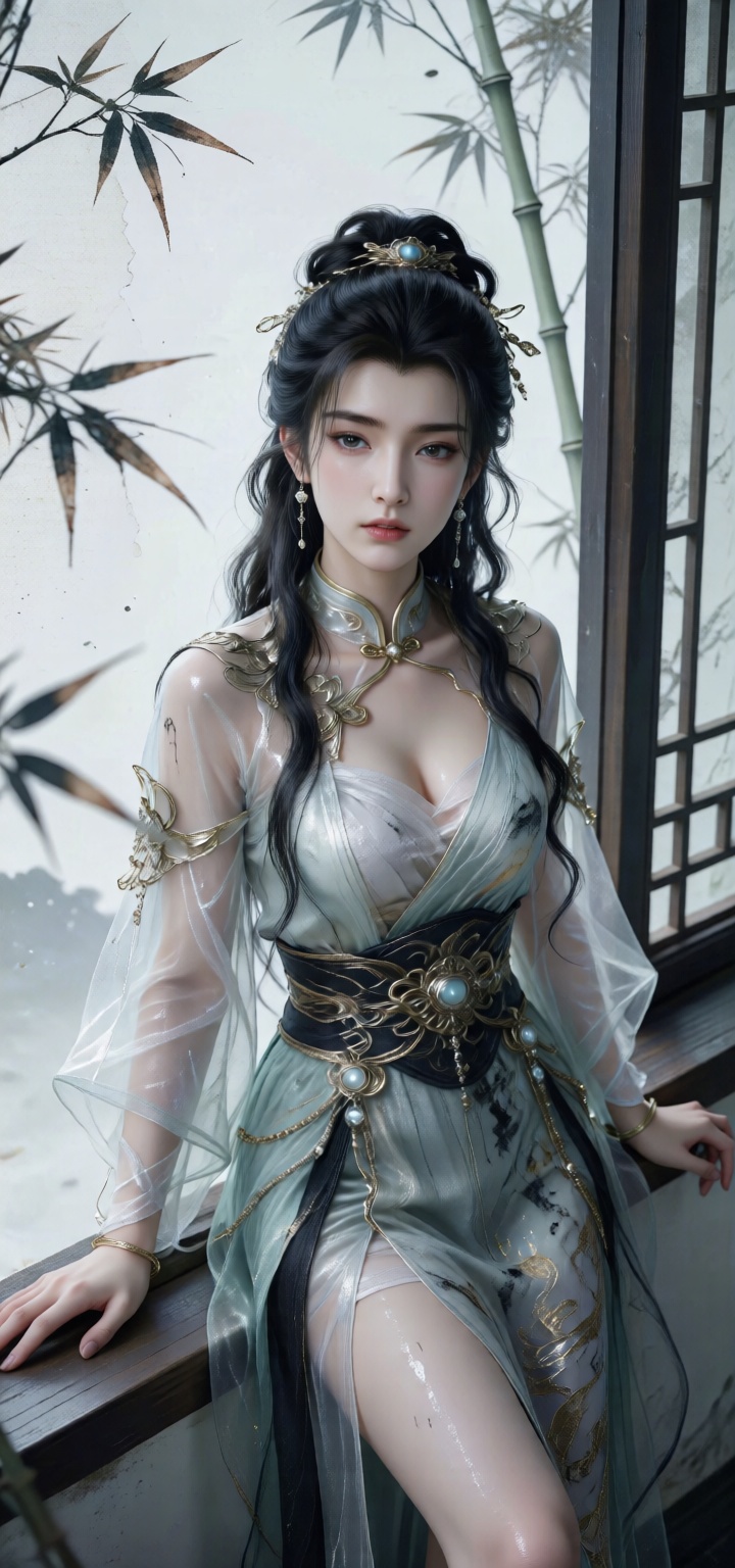 一个民国风女人,大师级制作,CG插画,华丽水墨人物插画, 水墨湿笔勾线+回折处干脆利落水墨晕染上色,叠涂,弥散渐变,画面拼贴,色彩饱满有层次,水迹点染,金色银色点缀宣纸质感,磨砂颗粒质感人物特写,正面俯瞰构图,艺术留白,浅景深,,主题枯萎, 主色竹青+素白背景深色系, 云肩+两鬓长发+墨色卷发青年女子倚在窗边衣服材质随机组合：纱质+丝绸,对襟齐腰繁复垂坠褶皱+华丽丰富饰品+传统暗纹纹理情感丰沛,呼吸感,意境深远,空灵,朦胧,迷幻,浪漫,梦幻,民国风服饰,唐韵,国风奇幻武侠,aurora_glossy_pantyhose