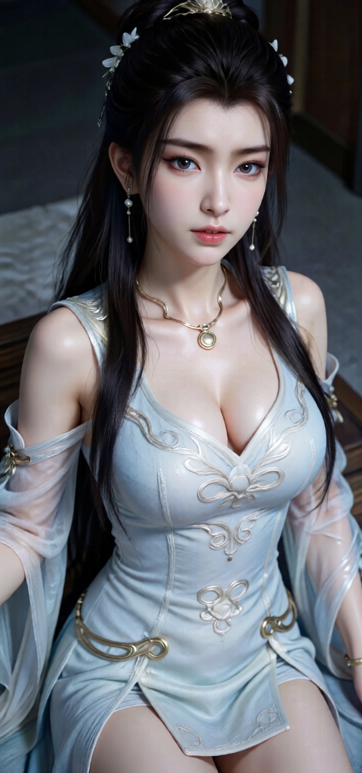 The image depicts a beautifully rendered digital artwork of a young woman. She is dressed in an elegant, light blue traditional outfit with intricate white embroidery, which includes a sleeveless top and a flowing skirt. Her attire is complemented by a delicate necklace featuring a small golden pendant. Her long, dark hair is styled with white floral accessories that add a touch of fantasy to her appearance. The background is softly blurred, with a mix of dark and light tones that create a sense of depth and focus on the subject. The lighting is warm and highlights the details of her outfit and accessories, giving the image a serene and ethereal quality.