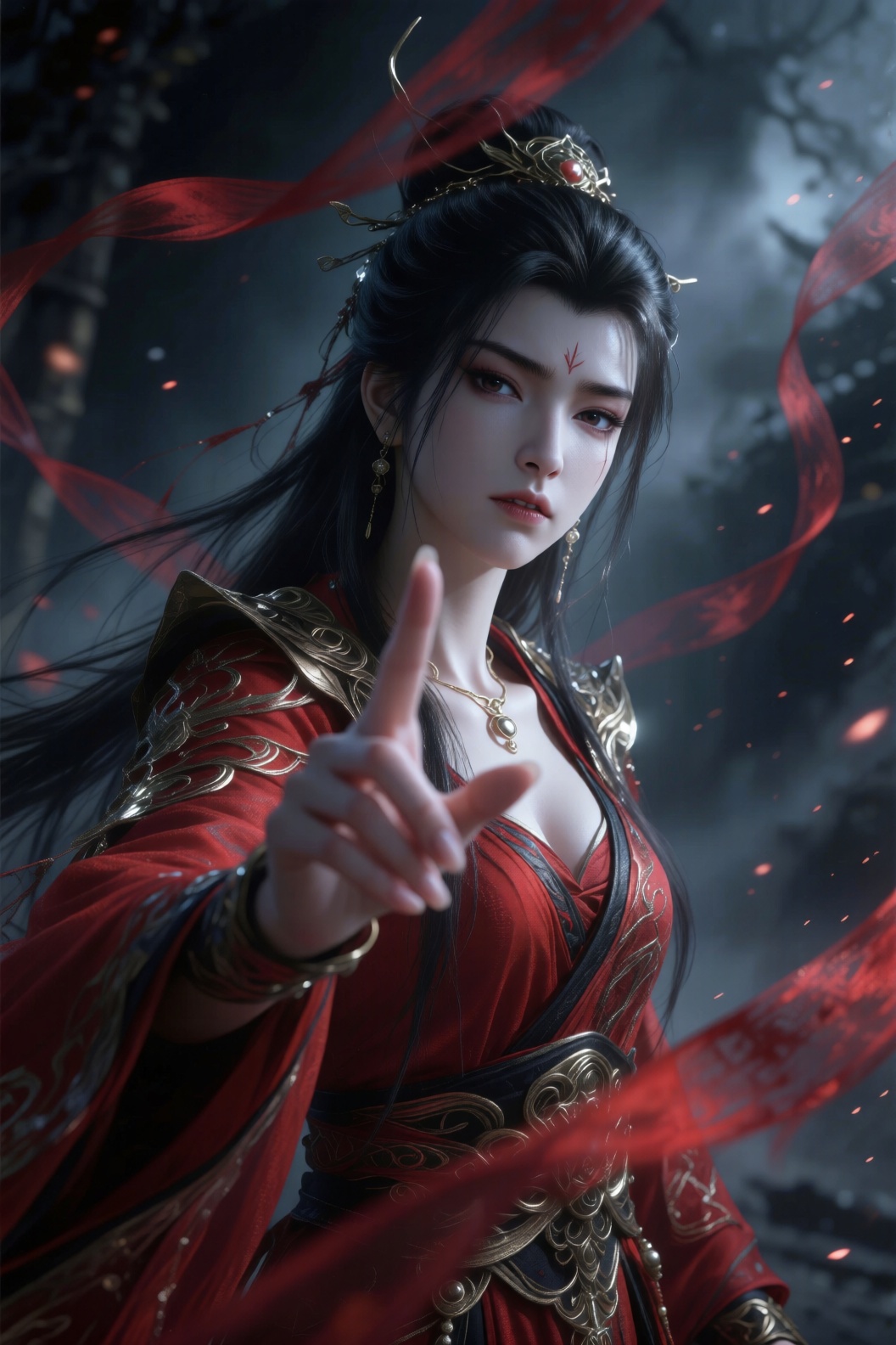 为中式怪诞风格。美丽而优雅神圣的不知火舞,红衣,慈悲中又有点邪性的,单手向着镜头勾勾手指,诱惑,仿佛伸出画面。脸部白皙皮肤光滑水嫩细腻,高雅的质感,斜眼看镜头,腼腆。飘渺神秘,红色丝带镜头前虚化借景,画笔厚涂,低饱和度,笔触纹理清晰,画面通过细腻的笔触和丰富的色彩层次塑造主体与场景,质感逼真,法天象地,表情高冷,服装华丽,复杂,奢华,唯美,充满压迫感,整体兼具艺术感,大透视,底光打在脸上,镜头仰视主体,悲天悯人,高高在上,圣洁高傲,清冷淡漠如梦如幻,氛围感。超广角强透视构图,张力十足,压迫感,细节生动完美。极其震撼的一幕,视觉冲击力强,光影彼此交织错杂的梦幻感,朦胧,明暗对比强烈,阴影过渡自然,电影级构图,视觉冲击,8K画质,超清,极致细节,清晰的线条,高对比,大师级别的作品。立体渲染,精细画笔,超细腻笔触,线条流畅,超清画质,完美品质,高质量,自适应饱和度,专业级打光,大师杰作,自由视角,阴影过渡自然,氛围感,高级感,意境,亮闪,唯美,宿命感拉满,弥散粒子,画面具有层次感。视觉冲击大,故事感,高级感,动态感。震撼,大师构图震撼人心。游戏感,强烈透视,震撼视觉,ue5渲染,命运史诗感,黑色风格,诺兰电影色调,浓雾,弥散,唯美辉光