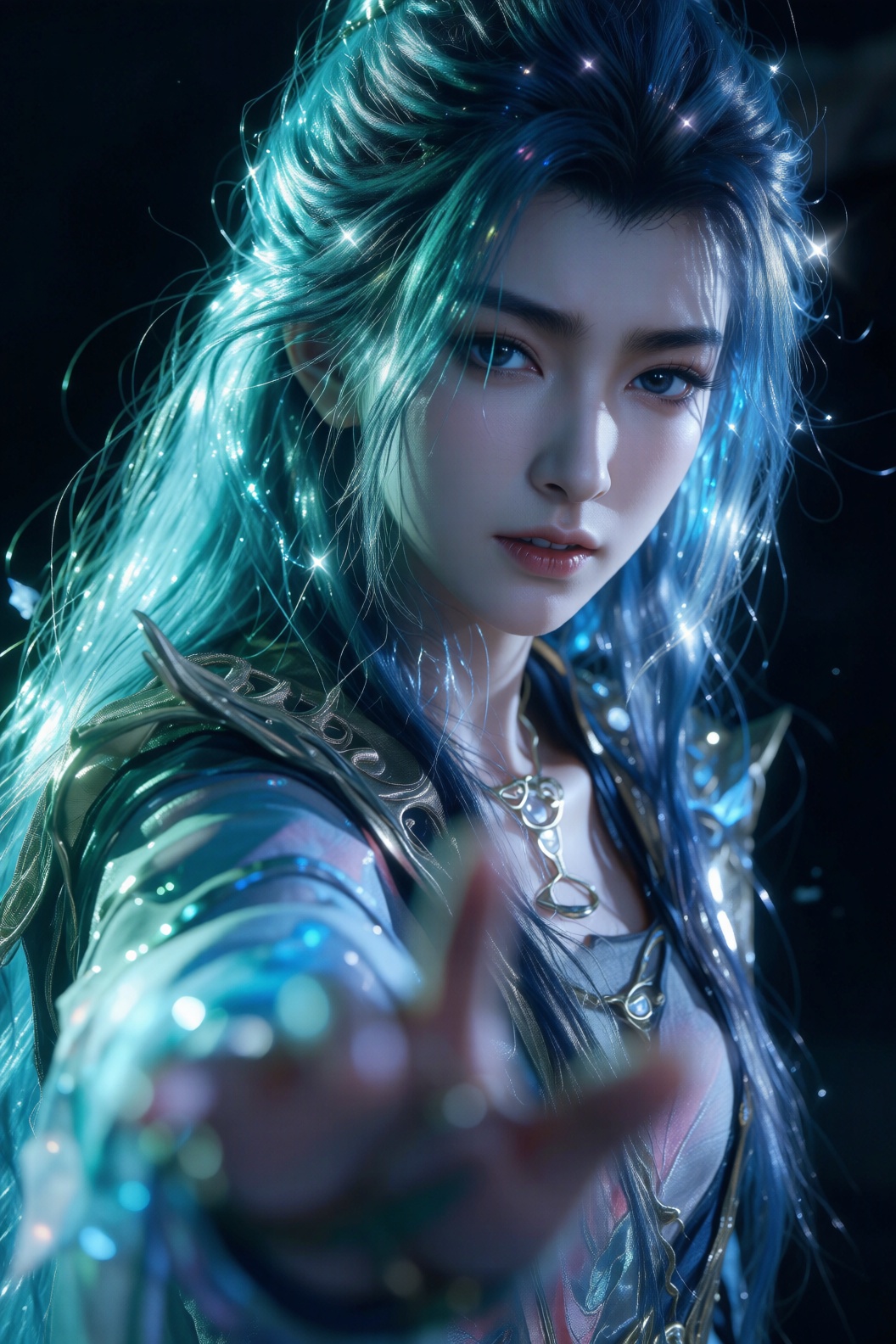 图像中的角色有着长长的、飘逸的青色和蓝色头发,闪烁着水晶般的金属光泽,捕捉明亮的光线,创造出动态、闪闪发光的效果。头发看起来向多个方向层叠,增强了动感和活力。该角色穿着精致的服装,袖子呈现出绿色、蓝色和粉色的混合色调,装饰着复杂的图案和看似金属或宝石状的装饰。角色的手向前伸展,手指稍微张开,前景中的手被模糊以产生深度。背景为深色,将发光的头发和细致的服装衬托得淋漓尽致。总体而言,图像具有充满活力、空灵的品质,光与影之间具有强烈的对比,并且注重纹理和细节。