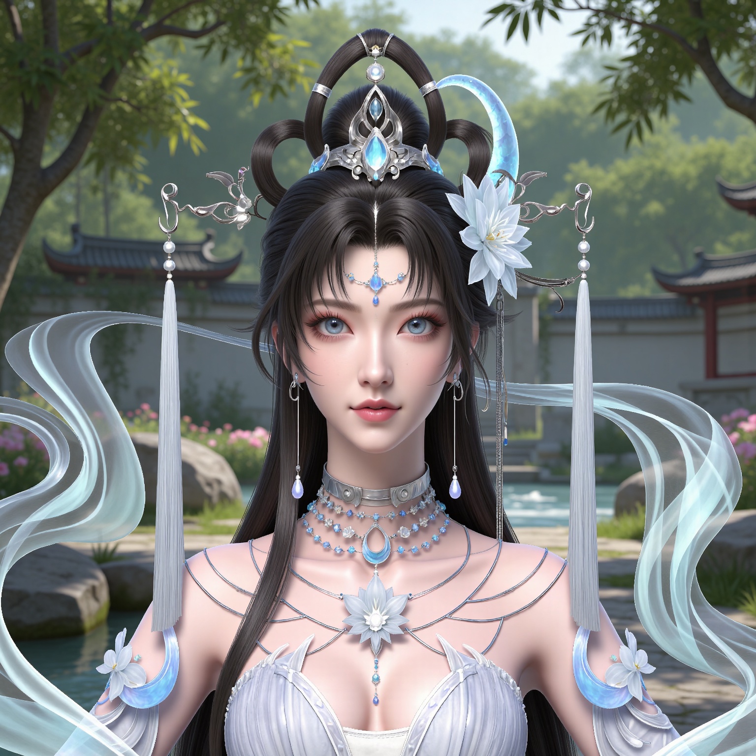 masterpiece,high quality,tall,game cg,highres,(white_skin:0.6),(shiny_skin:0.6),(realistic:1.1),looking_at_viewer,lvjing,
black hair, long hair, blue eyes, forehead_jewel, hair_bun, hair ring, lotus hair flower, beads, crescent hair_ornament, necklace, sash, earrings, bare shoulders, yaoyue white dress,, nature,stone,flowers,