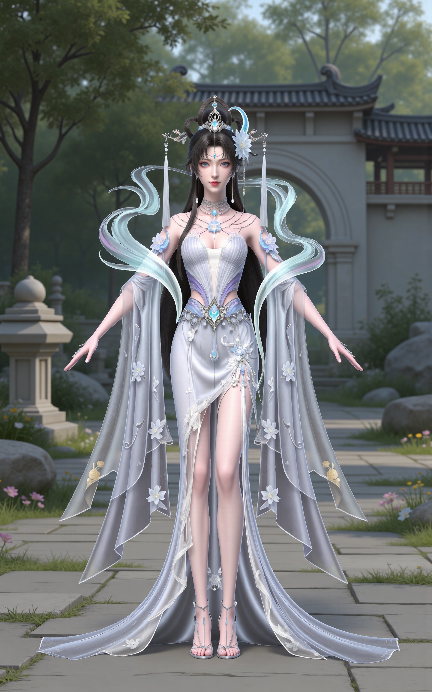 masterpiece,high quality,tall,game cg,highres,(white_skin:0.6),(shiny_skin:0.6),(realistic:1.1),looking_at_viewer,lvjing,
black hair, long hair, blue eyes, forehead_jewel, hair_bun, hair ring, lotus hair flower, beads, crescent hair_ornament, necklace, sash, earrings, bare shoulders, yaoyue white dress, high_heels,, nature,stone,flowers,full body,standing,
