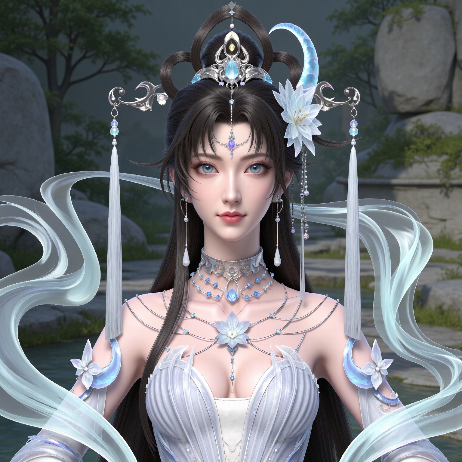 masterpiece,high quality,tall,game cg,highres,(white_skin:0.6),(shiny_skin:0.6),(realistic:1.1),looking_at_viewer,lvjing,
black hair, long hair, blue eyes, forehead_jewel, hair_bun, hair ring, lotus hair flower, beads, crescent hair_ornament, necklace, sash, earrings, bare shoulders, yaoyue white dress,, nature,stone,flowers,