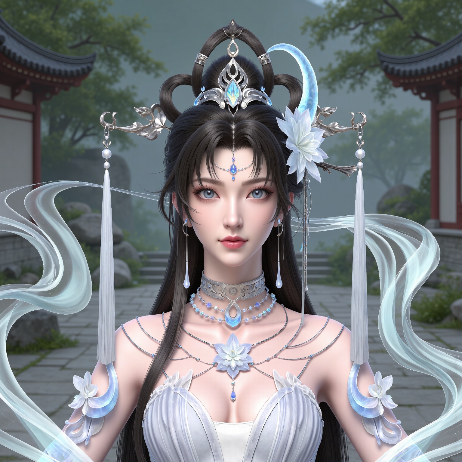 masterpiece,high quality,tall,game cg,highres,(white_skin:0.6),(shiny_skin:0.6),(realistic:1.1),looking_at_viewer,lvjing,
black hair, long hair, blue eyes, forehead_jewel, hair_bun, hair ring, lotus hair flower, beads, crescent hair_ornament, necklace, sash, earrings, bare shoulders, yaoyue white dress,, nature,stone,flowers,