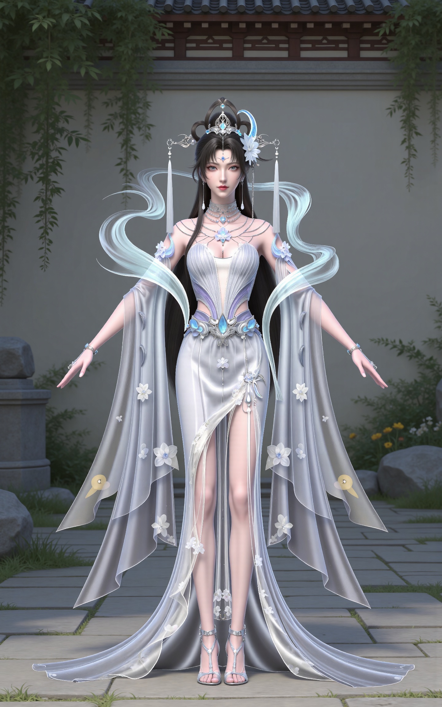 masterpiece,high quality,tall,game cg,highres,(white_skin:0.6),(shiny_skin:0.6),(realistic:1.1),looking_at_viewer,lvjing,
black hair, long hair, blue eyes, forehead_jewel, hair_bun, hair ring, lotus hair flower, beads, crescent hair_ornament, necklace, sash, earrings, bare shoulders, yaoyue white dress, high_heels,, nature,stone,flowers,full body,standing,