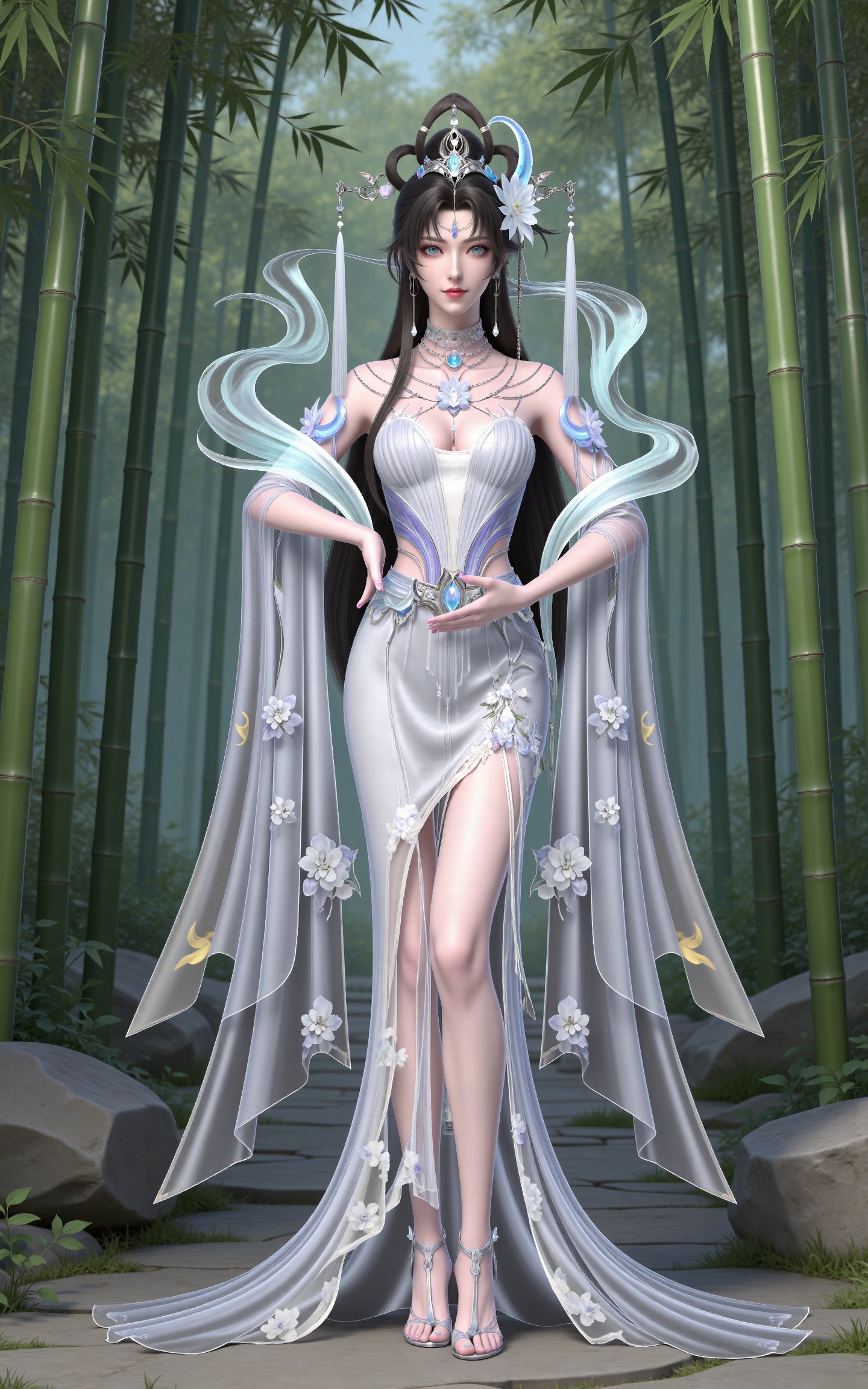 masterpiece,high quality,tall,game cg,highres,(white_skin:0.6),(shiny_skin:0.6),(realistic:1.1),looking_at_viewer,lvjing,
black hair, long hair, blue eyes, forehead_jewel, hair_bun, hair ring, lotus hair flower, beads, crescent hair_ornament, necklace, sash, earrings, bare shoulders, yaoyue white dress, high_heels, 1girl, bamboo, dress, solo, bamboo forest, full body, jewelry, rock, flower, shawl, bare legs, hagoromo,nature,stone,flowers,hand on hip,