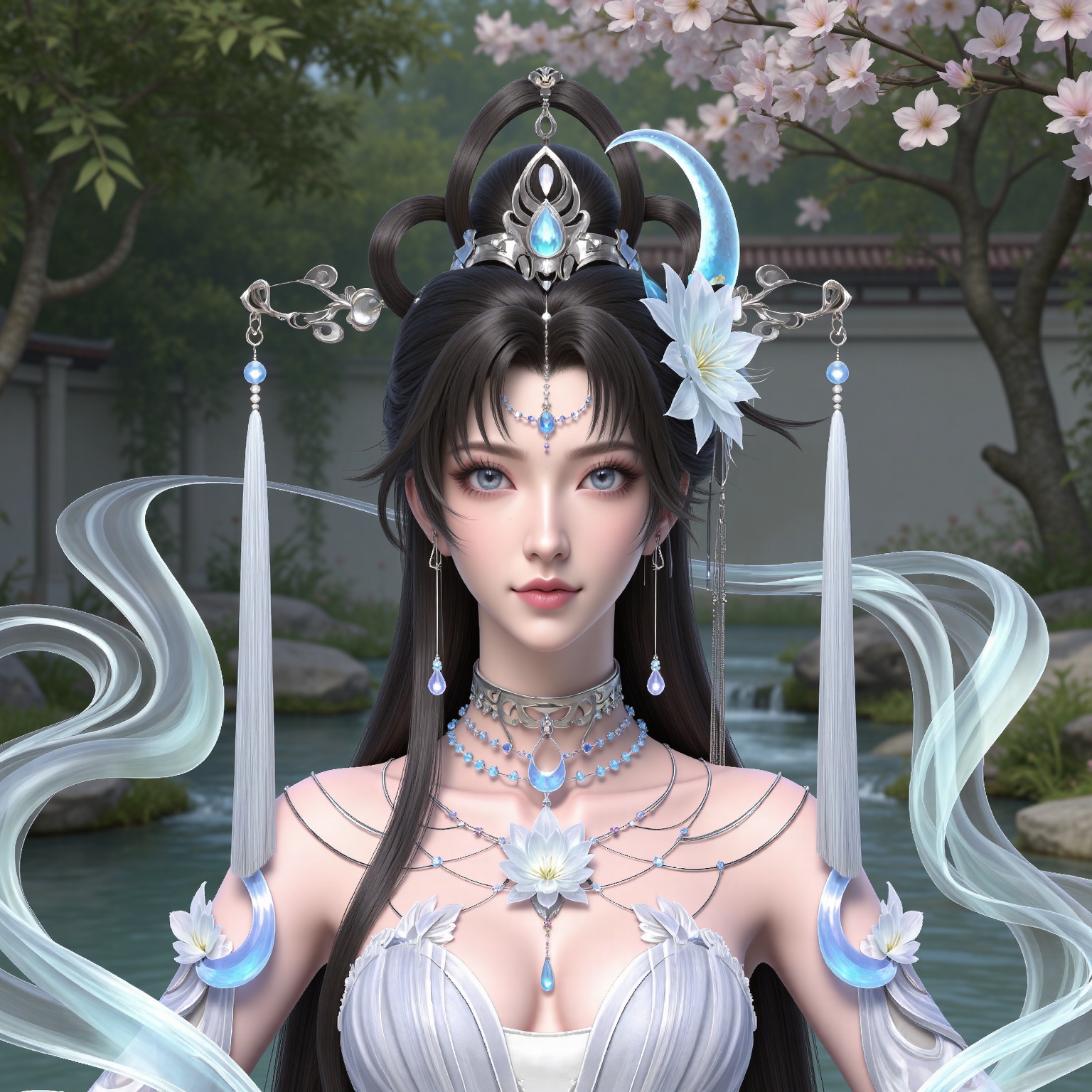 masterpiece,high quality,tall,game cg,highres,(white_skin:0.6),(shiny_skin:0.6),(realistic:1.1),looking_at_viewer,lvjing,
black hair, long hair, blue eyes, forehead_jewel, hair_bun, hair ring, lotus hair flower, beads, crescent hair_ornament, necklace, sash, earrings, bare shoulders, yaoyue white dress,, nature,stone,flowers,