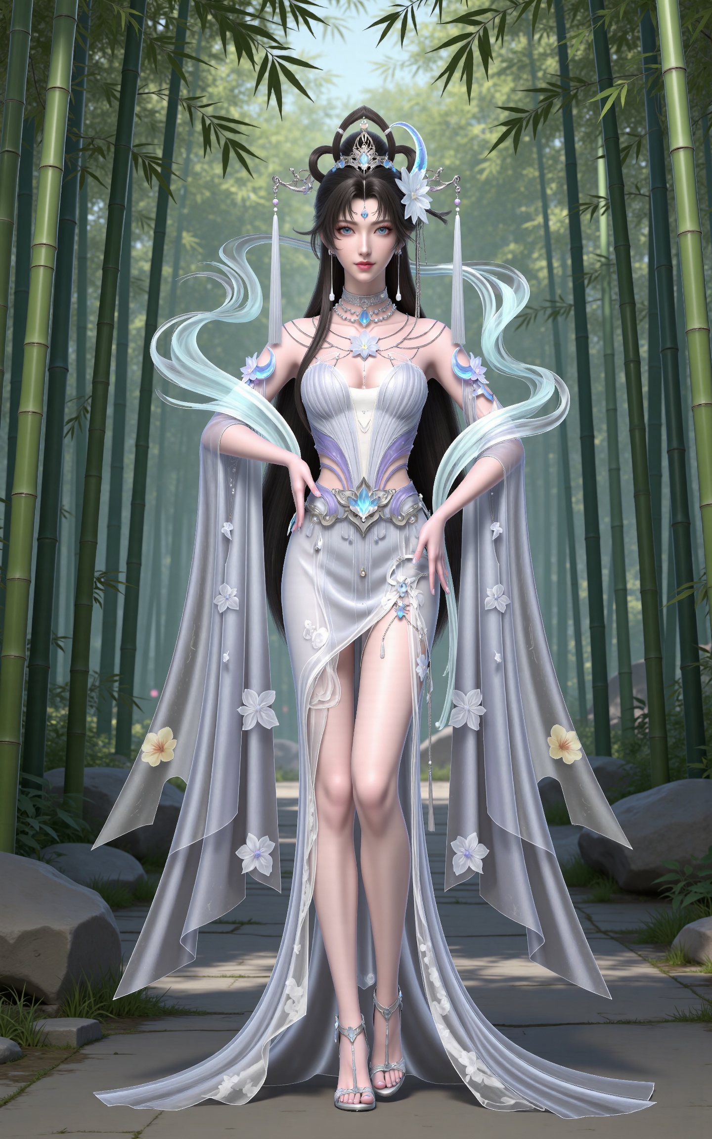masterpiece,high quality,tall,game cg,highres,(white_skin:0.6),(shiny_skin:0.6),(realistic:1.1),looking_at_viewer,lvjing,
black hair, long hair, blue eyes, forehead_jewel, hair_bun, hair ring, lotus hair flower, beads, crescent hair_ornament, necklace, sash, earrings, bare shoulders, yaoyue white dress, high_heels, 1girl, bamboo, dress, solo, bamboo forest, full body, jewelry, rock, flower, shawl, bare legs, hagoromo,nature,stone,flowers,hand on hip,