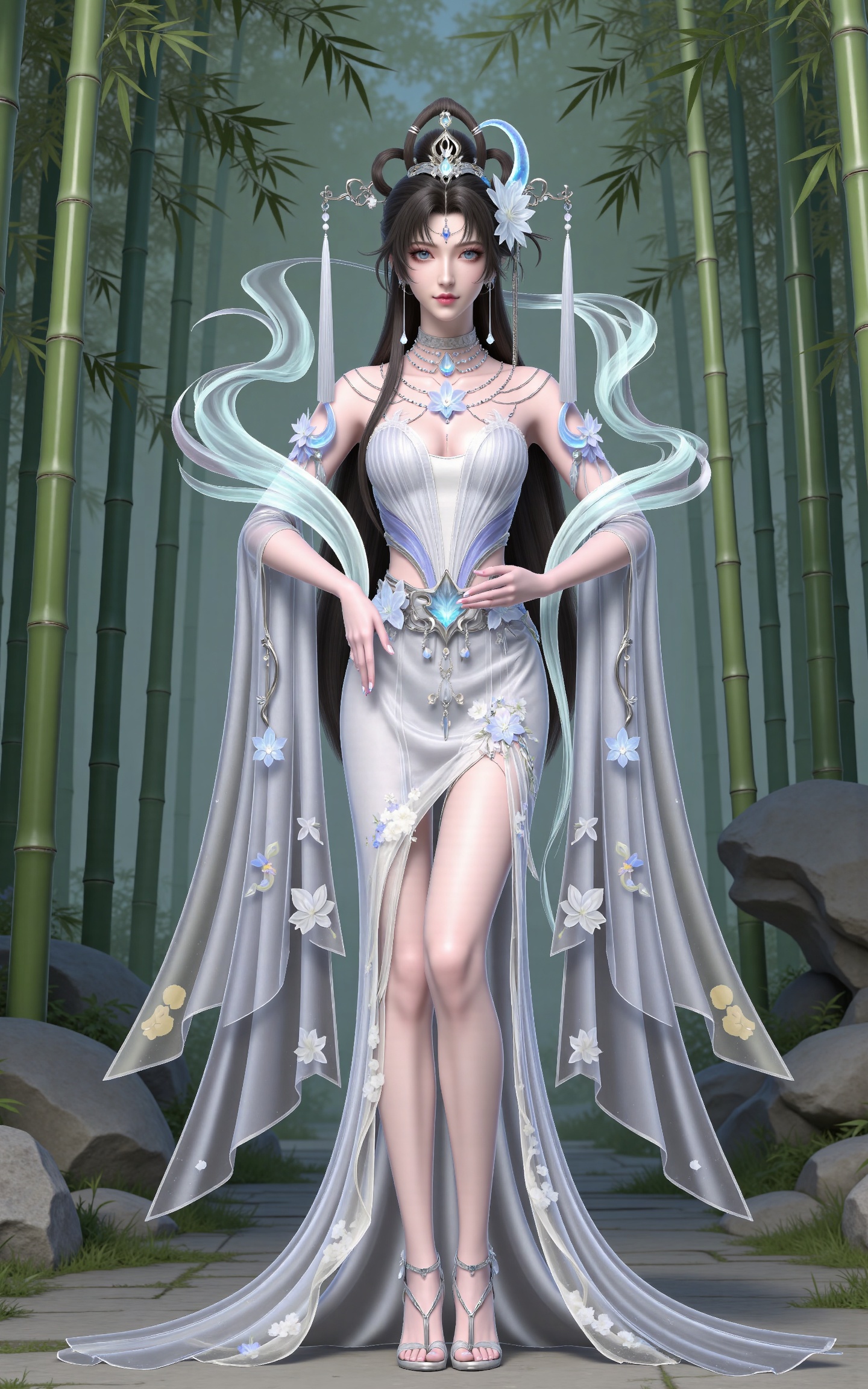 masterpiece,high quality,tall,game cg,highres,(white_skin:0.6),(shiny_skin:0.6),(realistic:1.1),looking_at_viewer,lvjing,
black hair, long hair, blue eyes, forehead_jewel, hair_bun, hair ring, lotus hair flower, beads, crescent hair_ornament, necklace, sash, earrings, bare shoulders, yaoyue white dress, high_heels, 1girl, bamboo, dress, solo, bamboo forest, full body, jewelry, rock, flower, shawl, bare legs, hagoromo,nature,stone,flowers,hand on hip,