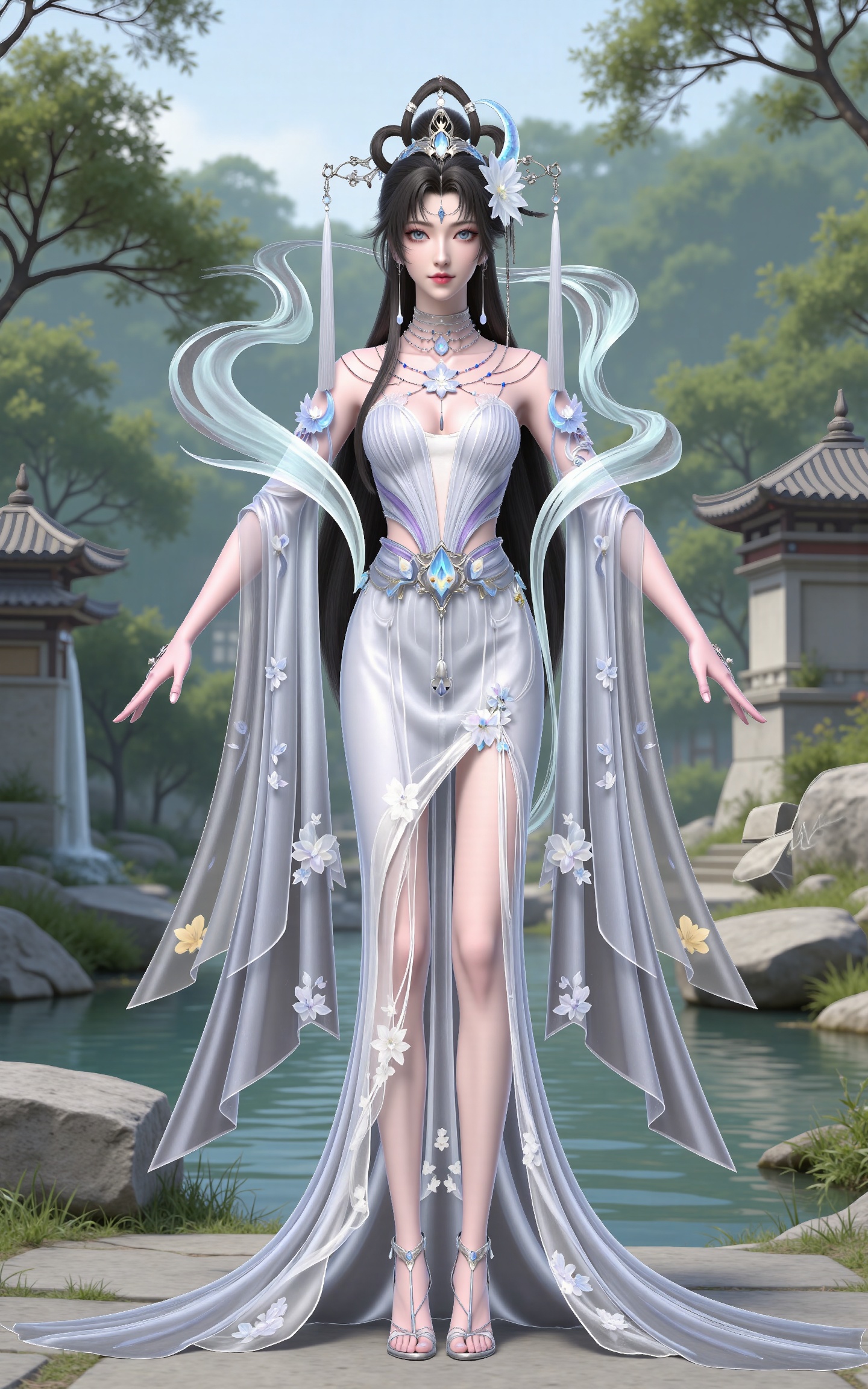 masterpiece,high quality,tall,game cg,highres,(white_skin:0.6),(shiny_skin:0.6),(realistic:1.1),looking_at_viewer,lvjing,
black hair, long hair, blue eyes, forehead_jewel, hair_bun, hair ring, lotus hair flower, beads, crescent hair_ornament, necklace, sash, earrings, bare shoulders, yaoyue white dress, high_heels,, nature,stone,flowers,full body,standing,