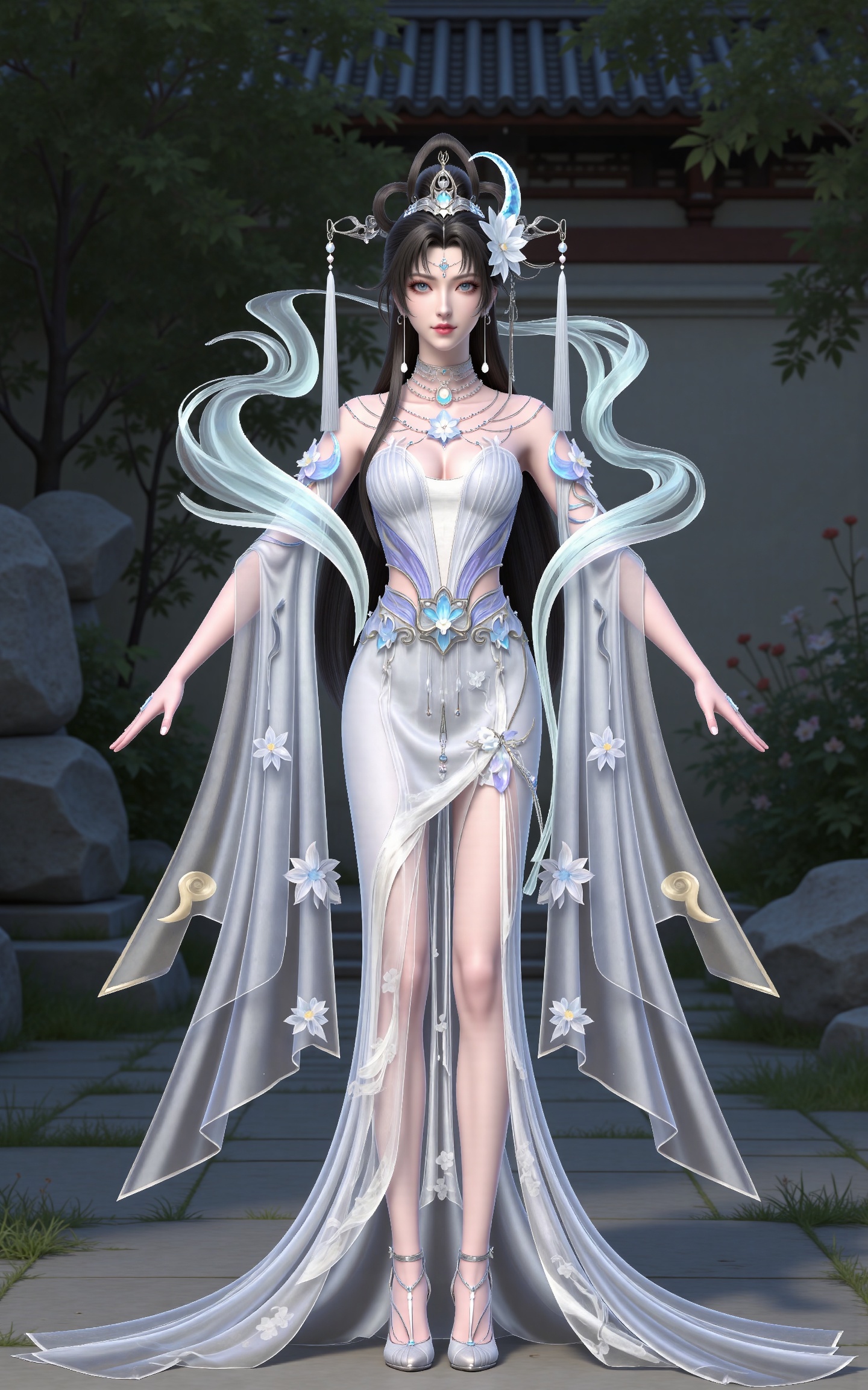 masterpiece,high quality,tall,game cg,highres,(white_skin:0.6),(shiny_skin:0.6),(realistic:1.1),looking_at_viewer,lvjing,
black hair, long hair, blue eyes, forehead_jewel, hair_bun, hair ring, lotus hair flower, beads, crescent hair_ornament, necklace, sash, earrings, bare shoulders, yaoyue white dress, high_heels,, nature,stone,flowers,full body,standing,