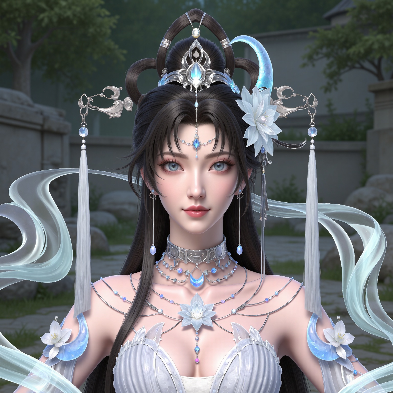 masterpiece,high quality,tall,game cg,highres,(white_skin:0.6),(shiny_skin:0.6),(realistic:1.1),looking_at_viewer,lvjing,
black hair, long hair, blue eyes, forehead_jewel, hair_bun, hair ring, lotus hair flower, beads, crescent hair_ornament, necklace, sash, earrings, bare shoulders, yaoyue white dress,, nature,stone,flowers,