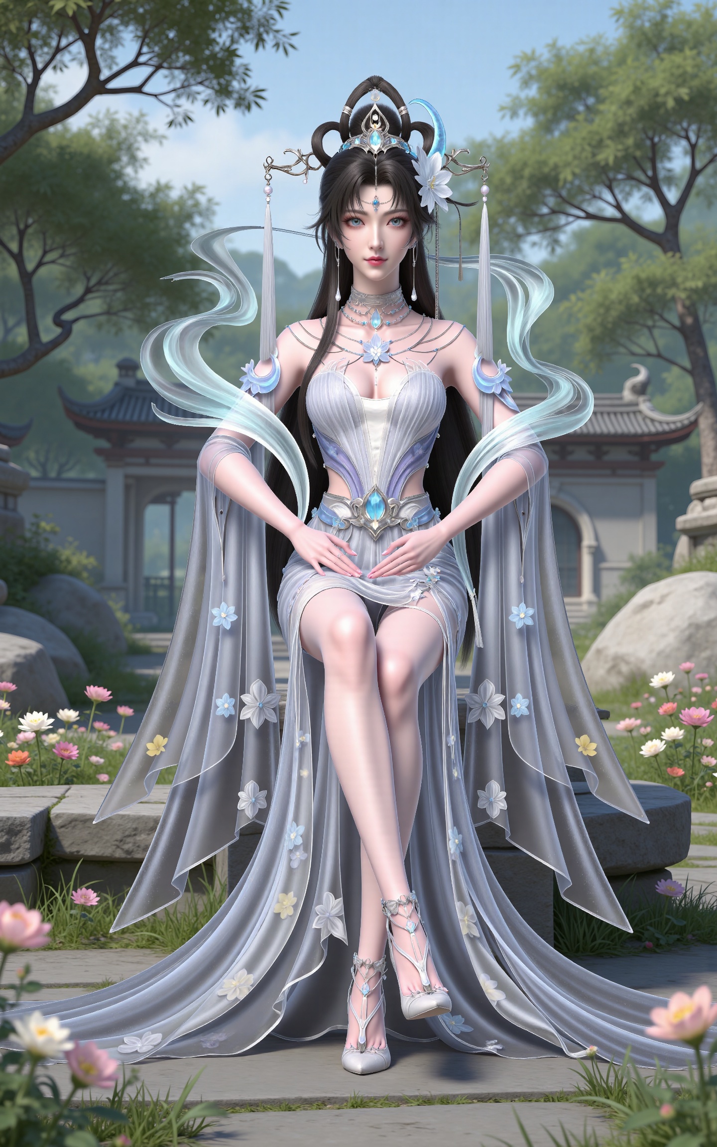 masterpiece,high quality,tall,game cg,highres,(white_skin:0.6),(shiny_skin:0.6),(realistic:1.1),looking_at_viewer,lvjing,
black hair, long hair, blue eyes, forehead_jewel, hair_bun, hair ring, lotus hair flower, beads, crescent hair_ornament, necklace, sash, earrings, bare shoulders, yaoyue white dress, high_heels,, nature,stone,flowers,full body,sitting,sitting on stone,