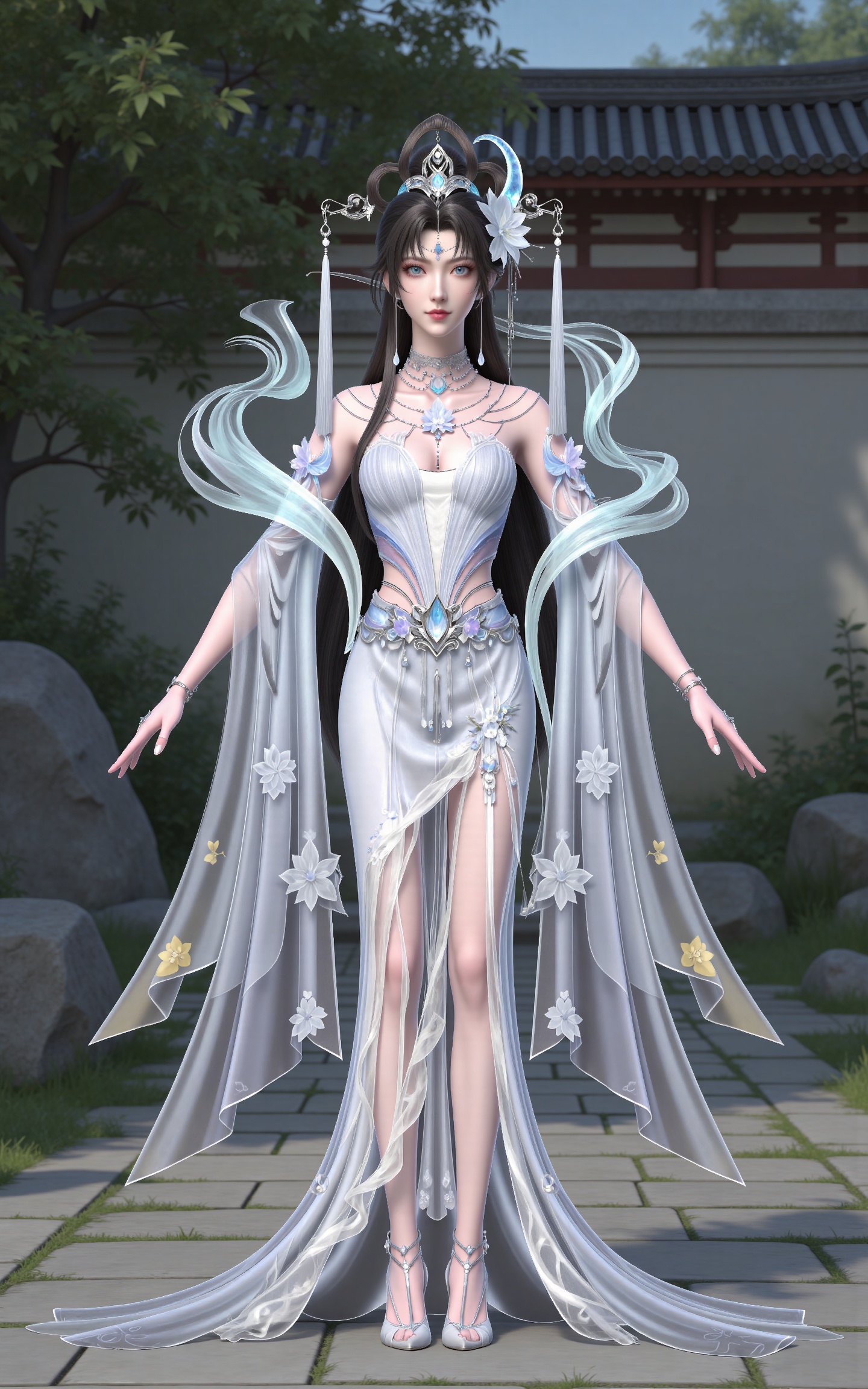 masterpiece,high quality,tall,game cg,highres,(white_skin:0.6),(shiny_skin:0.6),(realistic:1.1),looking_at_viewer,lvjing,
black hair, long hair, blue eyes, forehead_jewel, hair_bun, hair ring, lotus hair flower, beads, crescent hair_ornament, necklace, sash, earrings, bare shoulders, yaoyue white dress, high_heels,, nature,stone,flowers,full body,standing,