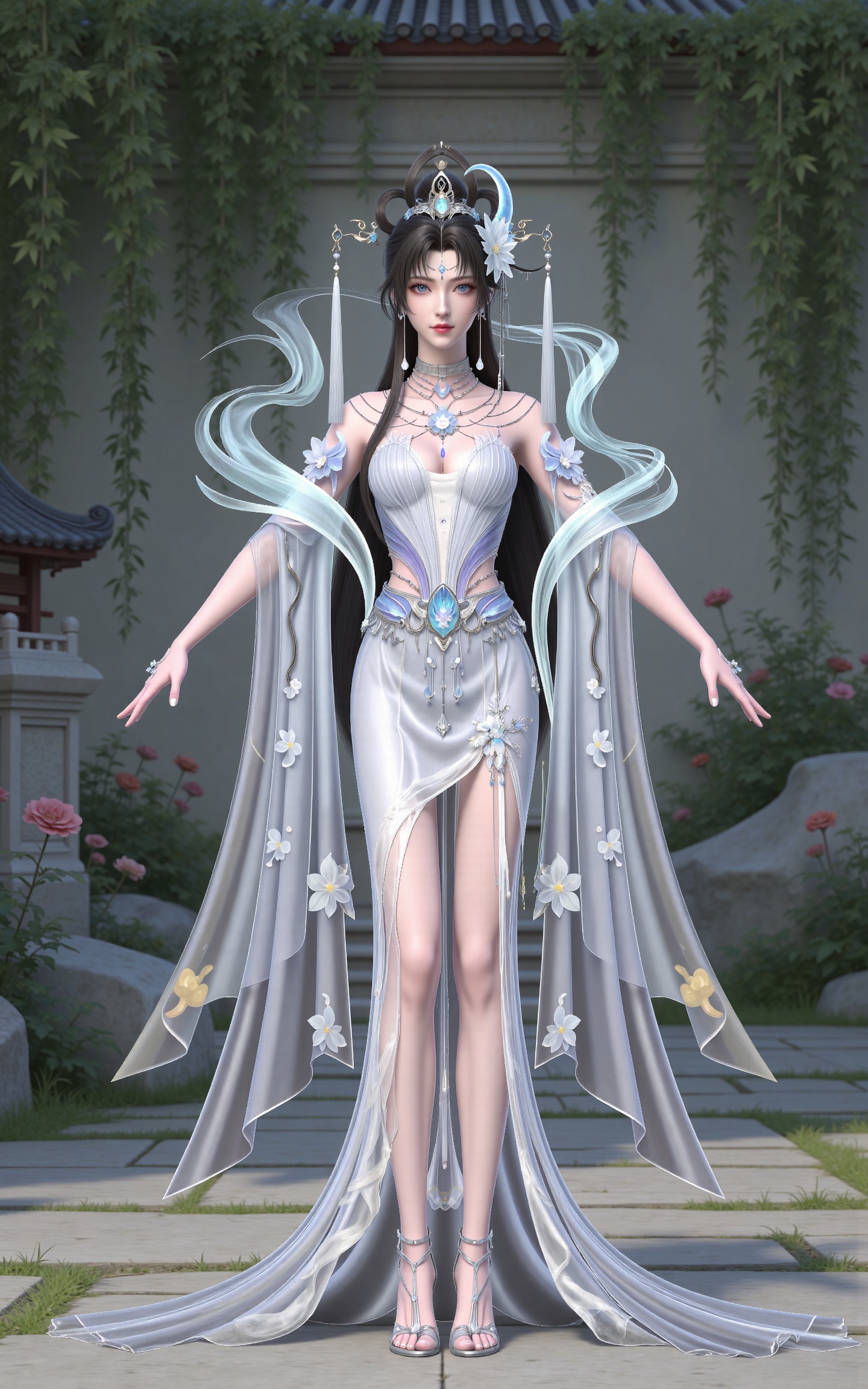 masterpiece,high quality,tall,game cg,highres,(white_skin:0.6),(shiny_skin:0.6),(realistic:1.1),looking_at_viewer,lvjing,
black hair, long hair, blue eyes, forehead_jewel, hair_bun, hair ring, lotus hair flower, beads, crescent hair_ornament, necklace, sash, earrings, bare shoulders, yaoyue white dress, high_heels,, nature,stone,flowers,full body,standing,