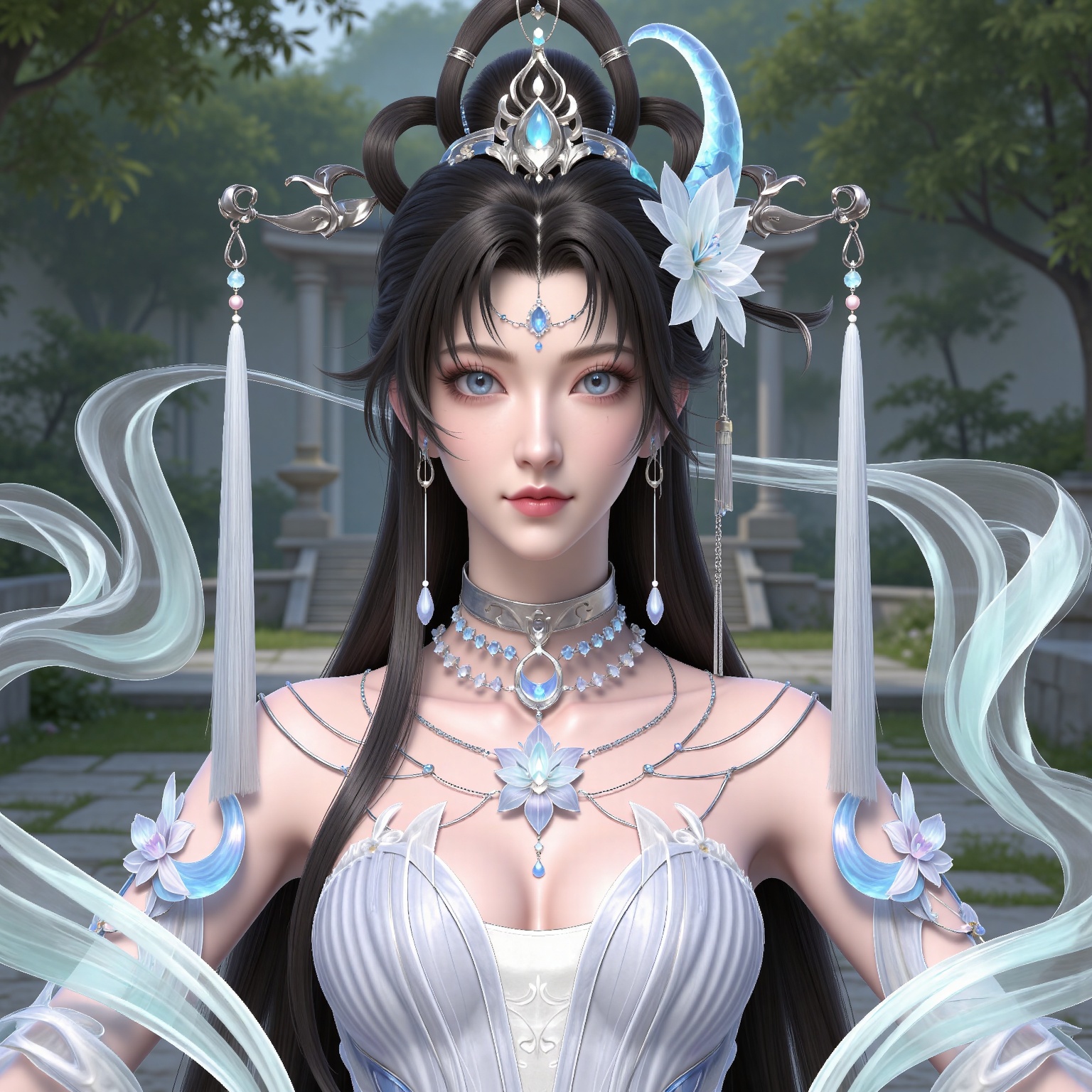 masterpiece,high quality,tall,game cg,highres,(white_skin:0.6),(shiny_skin:0.6),(realistic:1.1),looking_at_viewer,lvjing,
black hair, long hair, blue eyes, forehead_jewel, hair_bun, hair ring, lotus hair flower, beads, crescent hair_ornament, necklace, sash, earrings, bare shoulders, yaoyue white dress,, nature,stone,flowers,