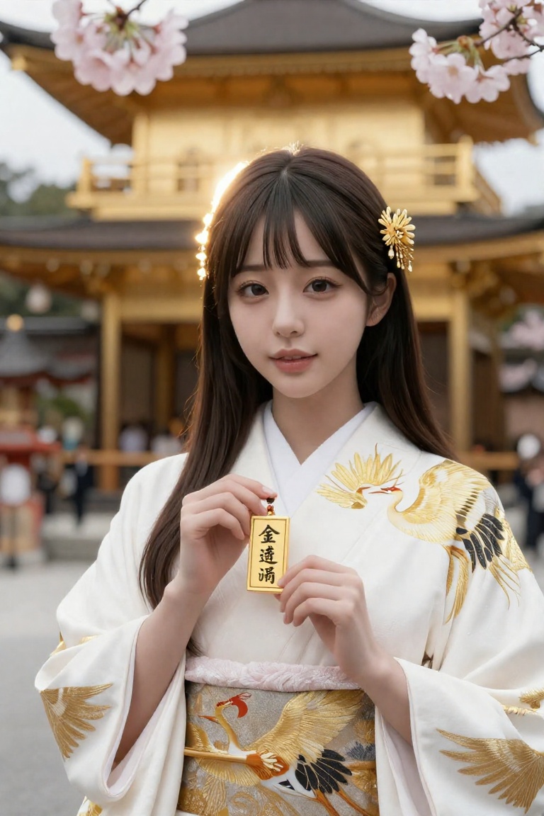 Wearing a white golden kimono,  the phoenix texture on the body turns into a golden crane texture,  Japanese gold exquisit...