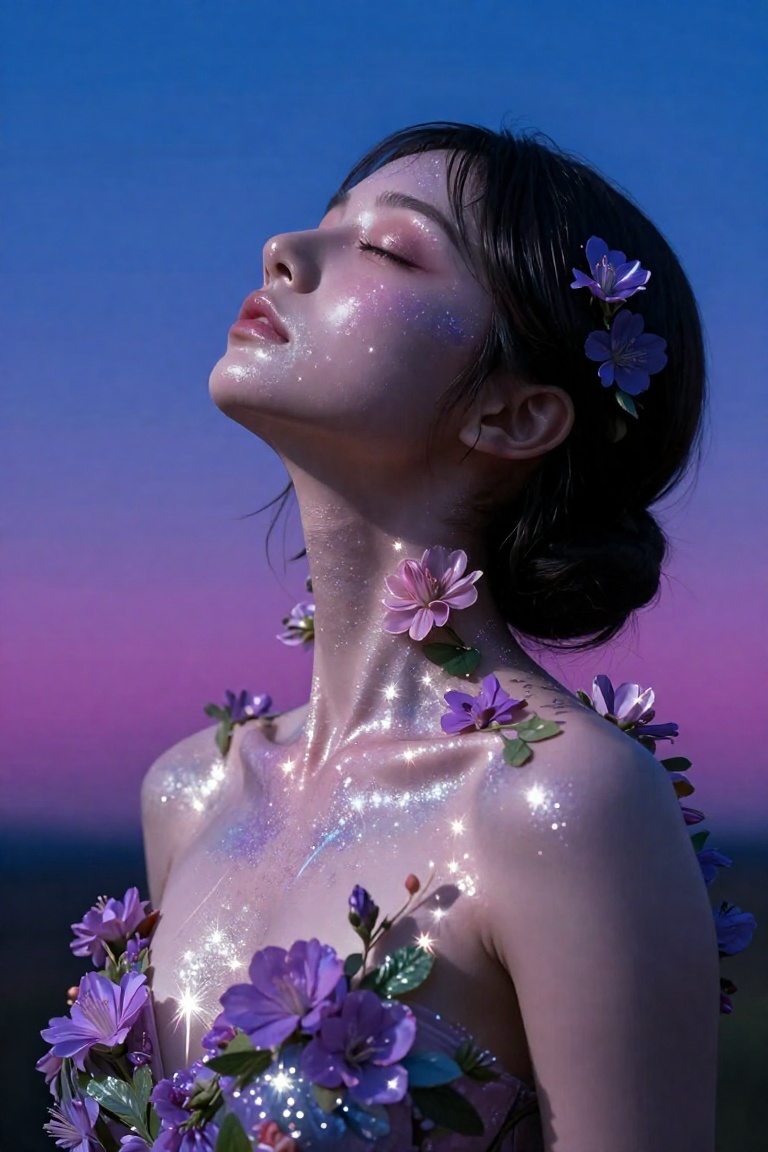 A figure with closed eyes tilts their head upward against a gradient sky shifting from deep blue at the top to magenta nea...