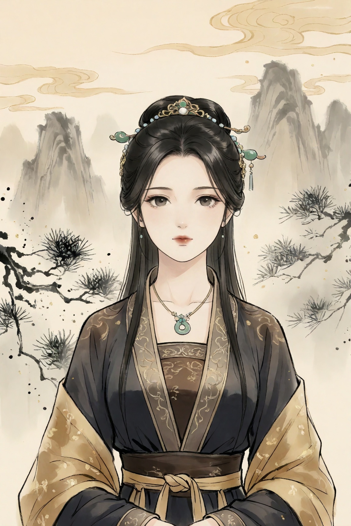 Ink-wash style,1girl, solo, long hair, looking at viewer, black hair, hair ornament, long sleeves, dress, jewelry, upper body, flower, necklace, hair bun, chinese clothes, single hair bun, hanfu