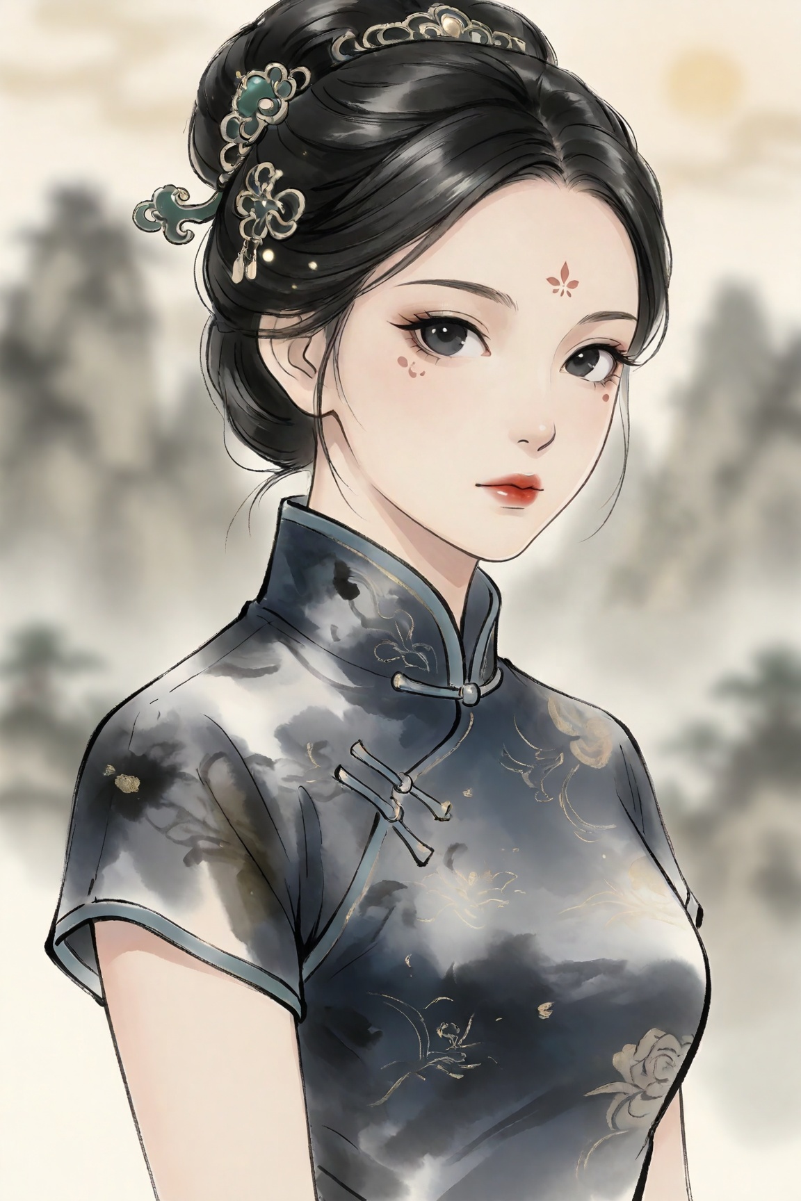 Ink-wash style,1girl, solo, looking at viewer, black hair, hair ornament, dress, closed mouth, upper body, short sleeves, hair bun, blurry, black eyes, lips, blurry background, facial mark, chinese clothes, china dress, forehead mark, red lips