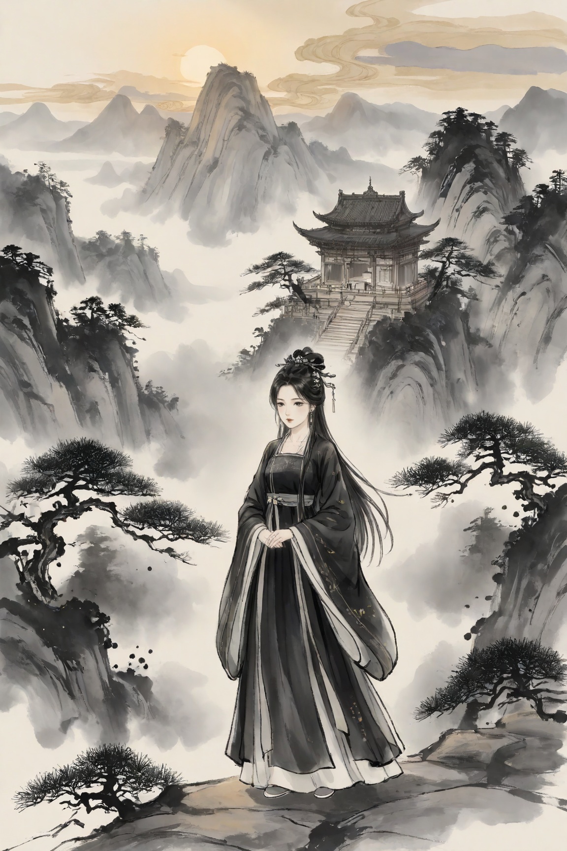 Ink-wash style,1girl, solo, long hair, black hair, hair ornament, long sleeves, dress, jewelry, standing, full body, earrings, outdoors, wide sleeves, chinese clothes, own hands together, mountain, architecture, hanfu