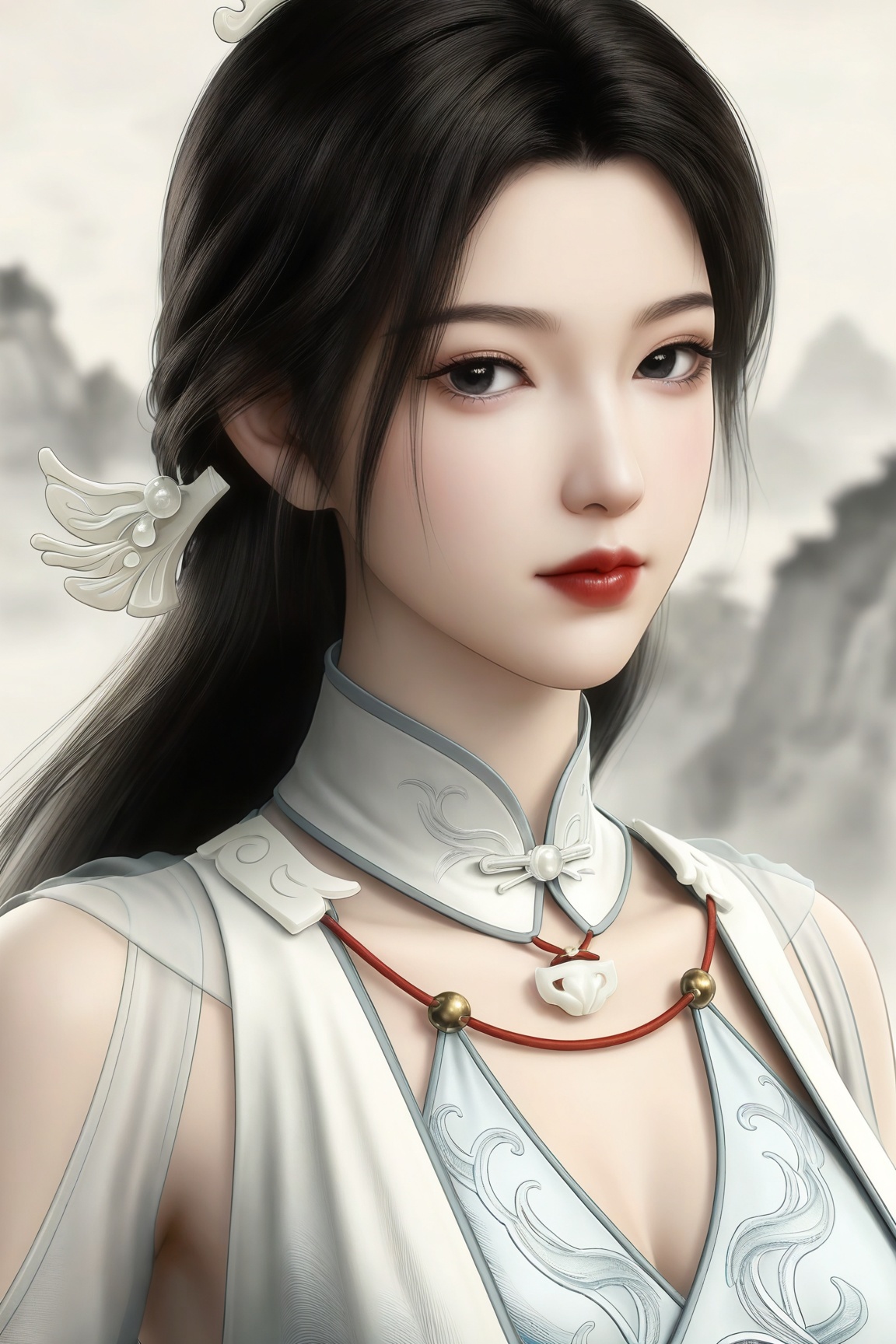 Ink-wash style,Song yu,1girl, solo, long hair, looking at viewer, black hair, hair ornament, closed mouth, black eyes, red lips,