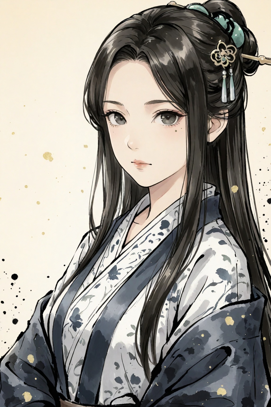 Ink-wash style,1girl, solo, long hair, looking at viewer, hair ornament, closed mouth,