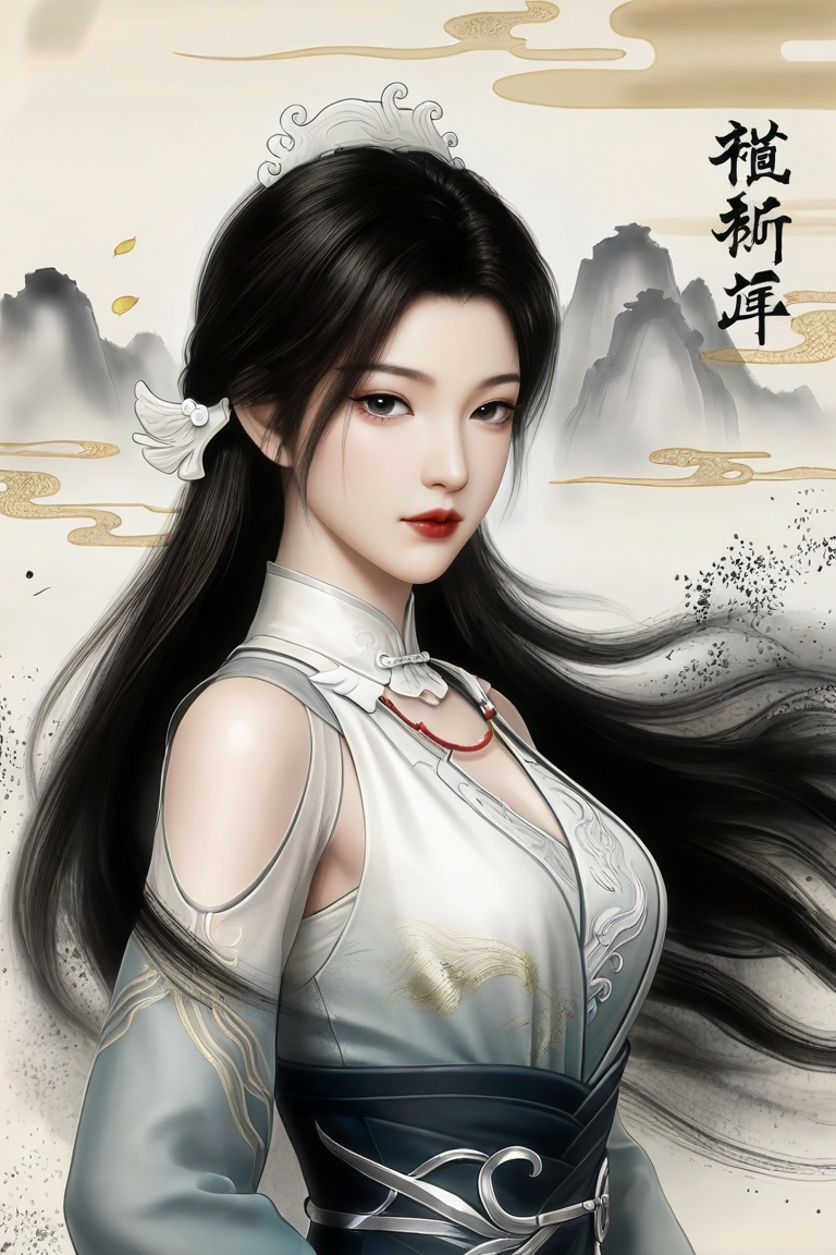Ink-wash style,Song yu,1girl, solo, long hair, looking at viewer, black hair, hair ornament, closed mouth, black eyes, red lips,

masterpiece, best quality, ultra-detailed, 8k resolution, high dynamic range, absurdres, 