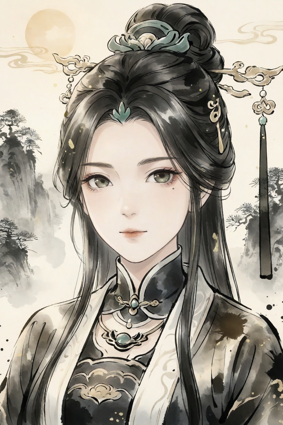 Ink-wash style,Song yu,1girl, solo, long hair, looking at viewer, hair ornament, closed mouth, 