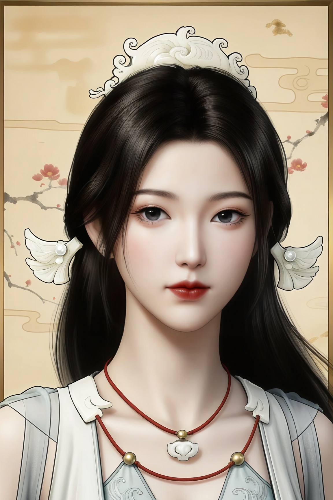 Ink-wash style,Song yu,1girl, solo, long hair, looking at viewer, black hair, hair ornament, closed mouth, black eyes, red lips,