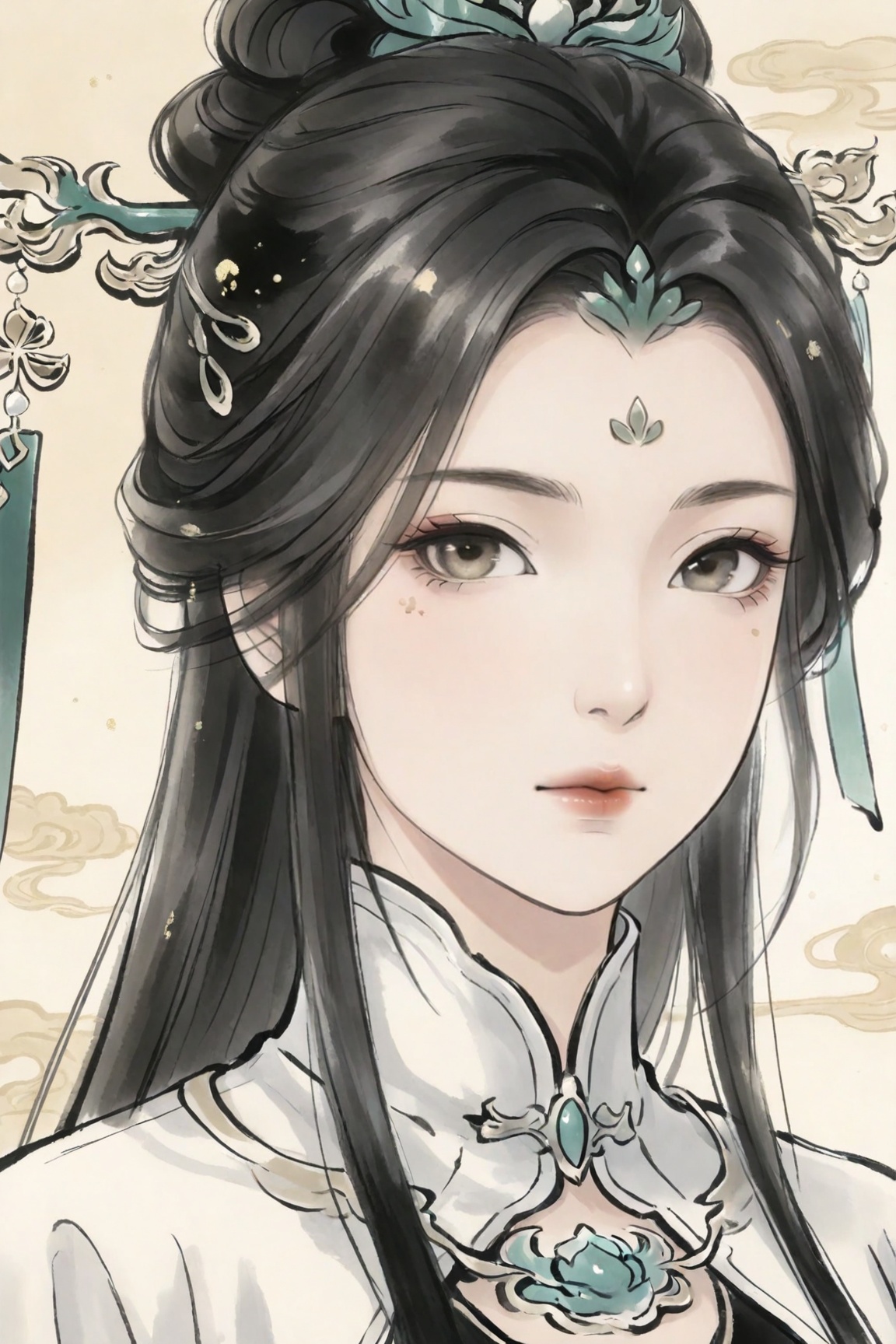 Ink-wash style,1girl, solo, long hair, looking at viewer, hair ornament, closed mouth,Jian ma