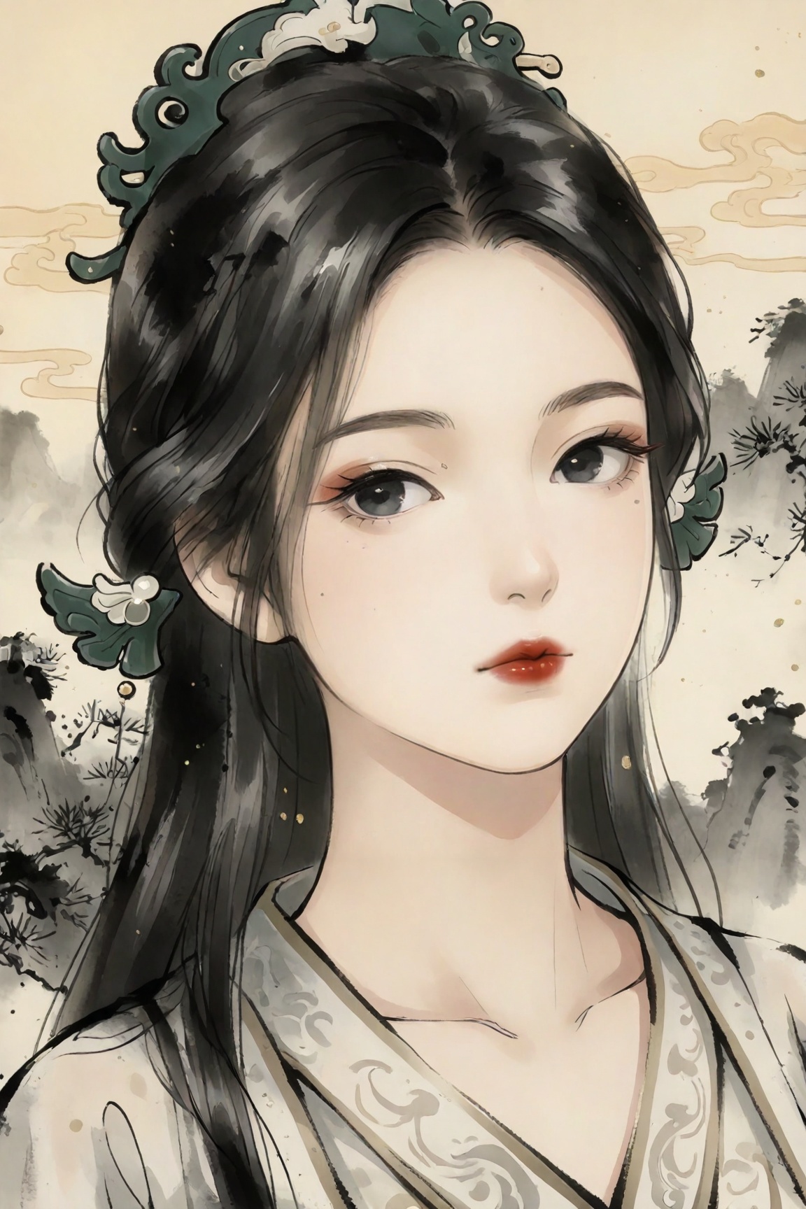 Ink-wash style,Song yu,1girl, solo, long hair, looking at viewer, black hair, hair ornament, closed mouth, black eyes, red lips,