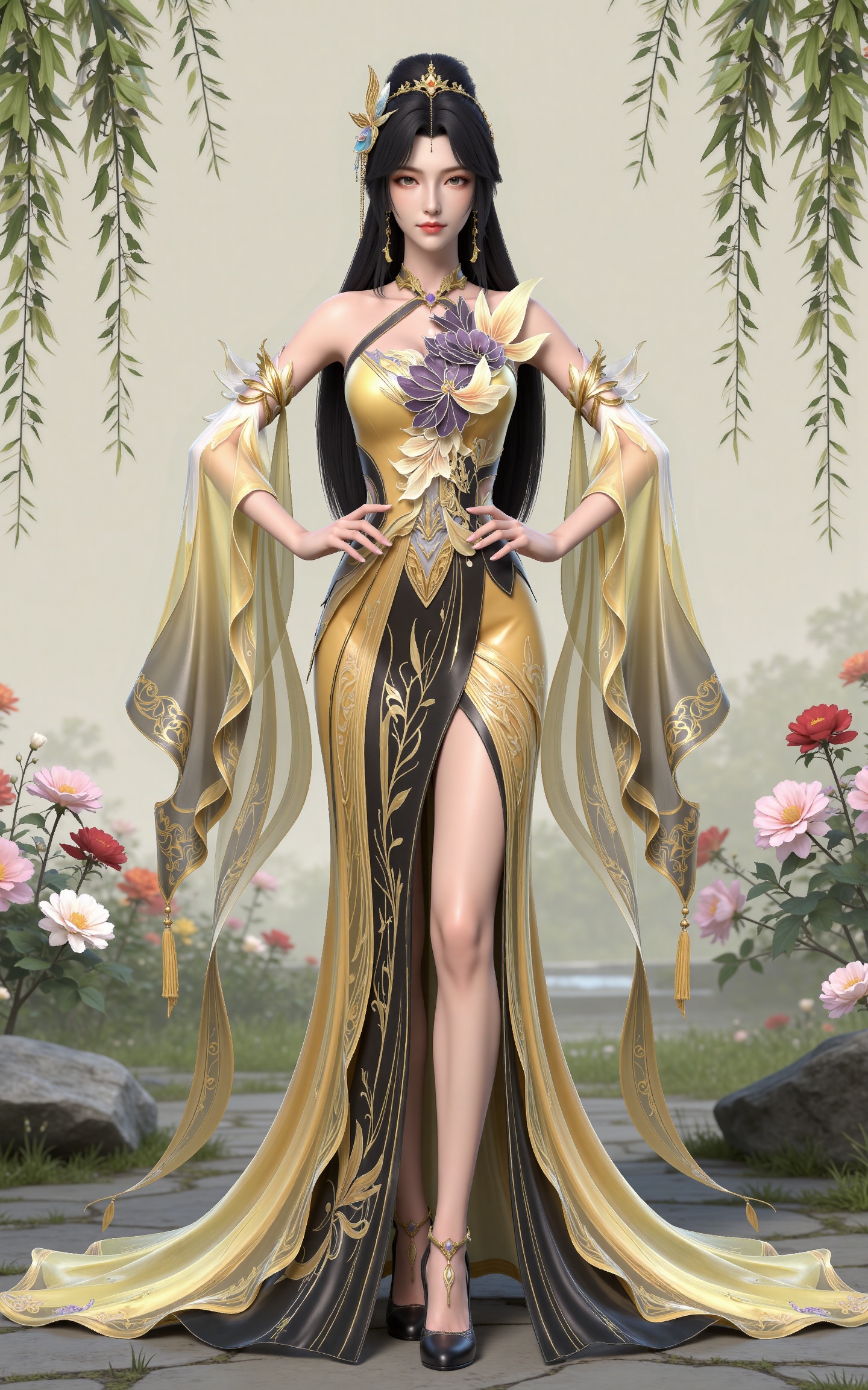 masterpiece,high quality,tall,game cg,highres,(white_skin:0.6),(shiny_skin:0.6),(realistic:1.1),looking_at_viewer,lvjing,
black hair, long hair, brown eyes, hair_bun, hair_ornament, forehead_jewel, jewelry, bare shoulders, wangxi yellow dress, detached_sleeves, high_heels,,nature,stone,flowers,hand on hip,