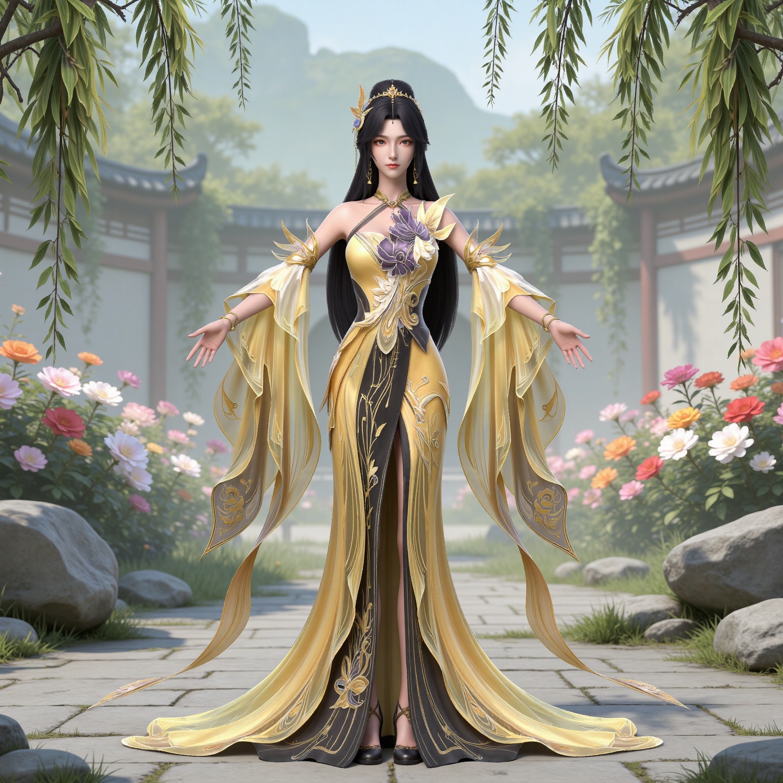 masterpiece,high quality,tall,game cg,highres,(white_skin:0.6),(shiny_skin:0.6),(realistic:1.1),looking_at_viewer,lvjing,
black hair, long hair, brown eyes, hair_bun, hair_ornament, forehead_jewel, jewelry, bare shoulders, wangxi yellow dress, detached_sleeves, nature,stone,flowers,