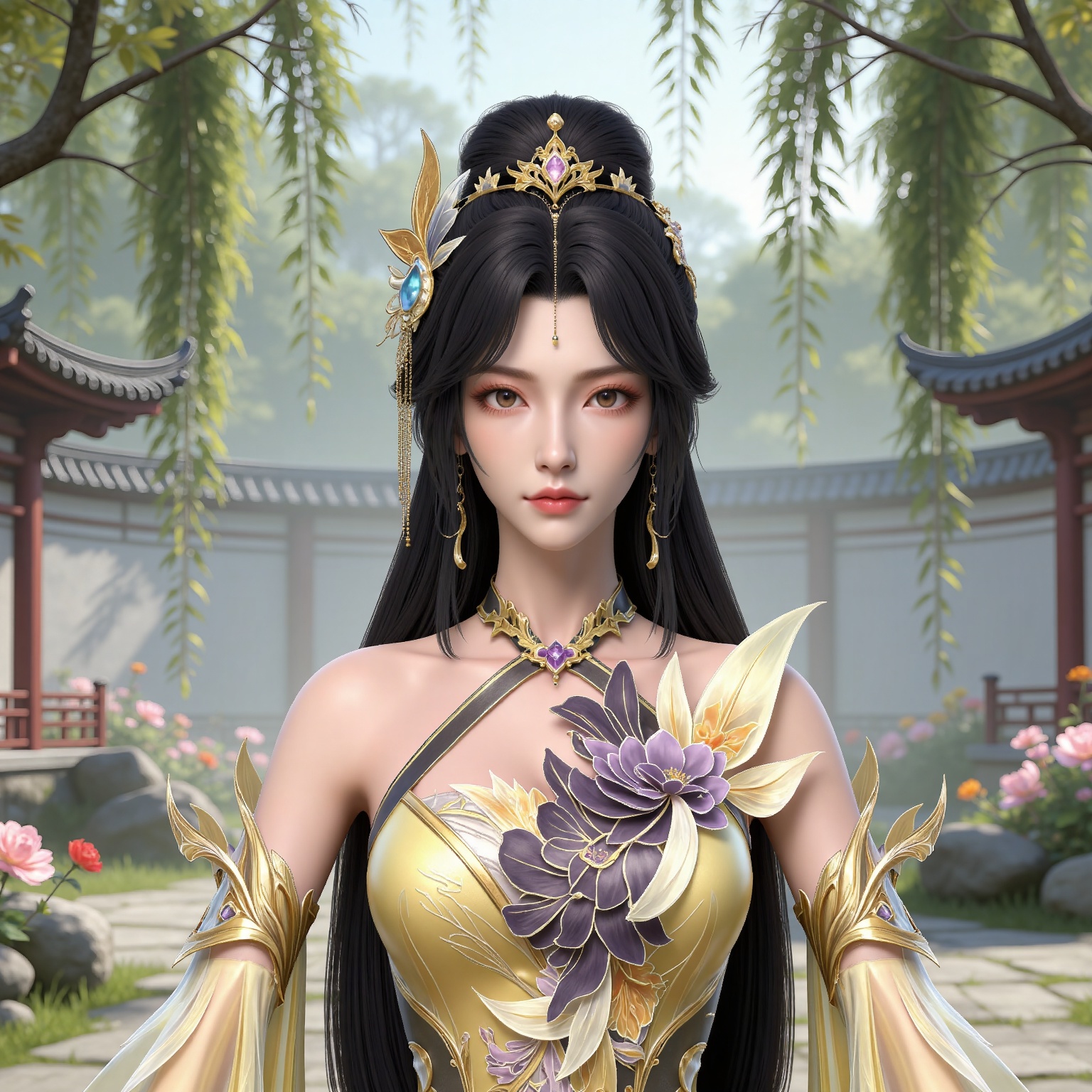 masterpiece,high quality,tall,game cg,highres,(white_skin:0.6),(shiny_skin:0.6),(realistic:1.1),looking_at_viewer,lvjing,
black hair, long hair, brown eyes, hair_bun, hair_ornament, forehead_jewel, jewelry, bare shoulders, wangxi yellow dress, detached_sleeves, nature,stone,flowers,