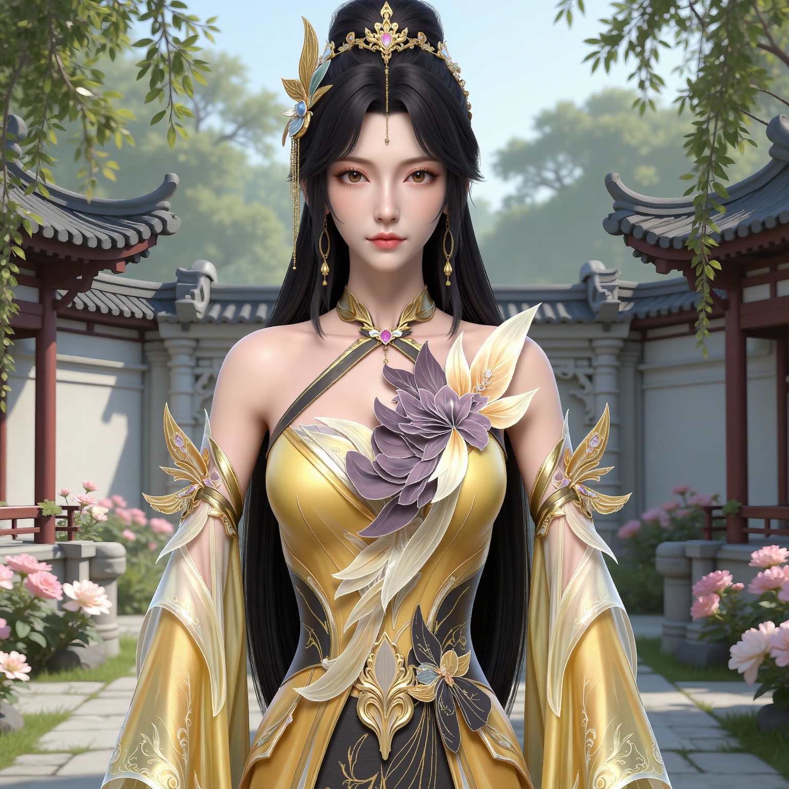 masterpiece,high quality,tall,game cg,highres,(white_skin:0.6),(shiny_skin:0.6),(realistic:1.1),looking_at_viewer,lvjing,
black hair, long hair, brown eyes, hair_bun, hair_ornament, forehead_jewel, jewelry, bare shoulders, wangxi yellow dress, detached_sleeves, nature,stone,flowers,upper body,