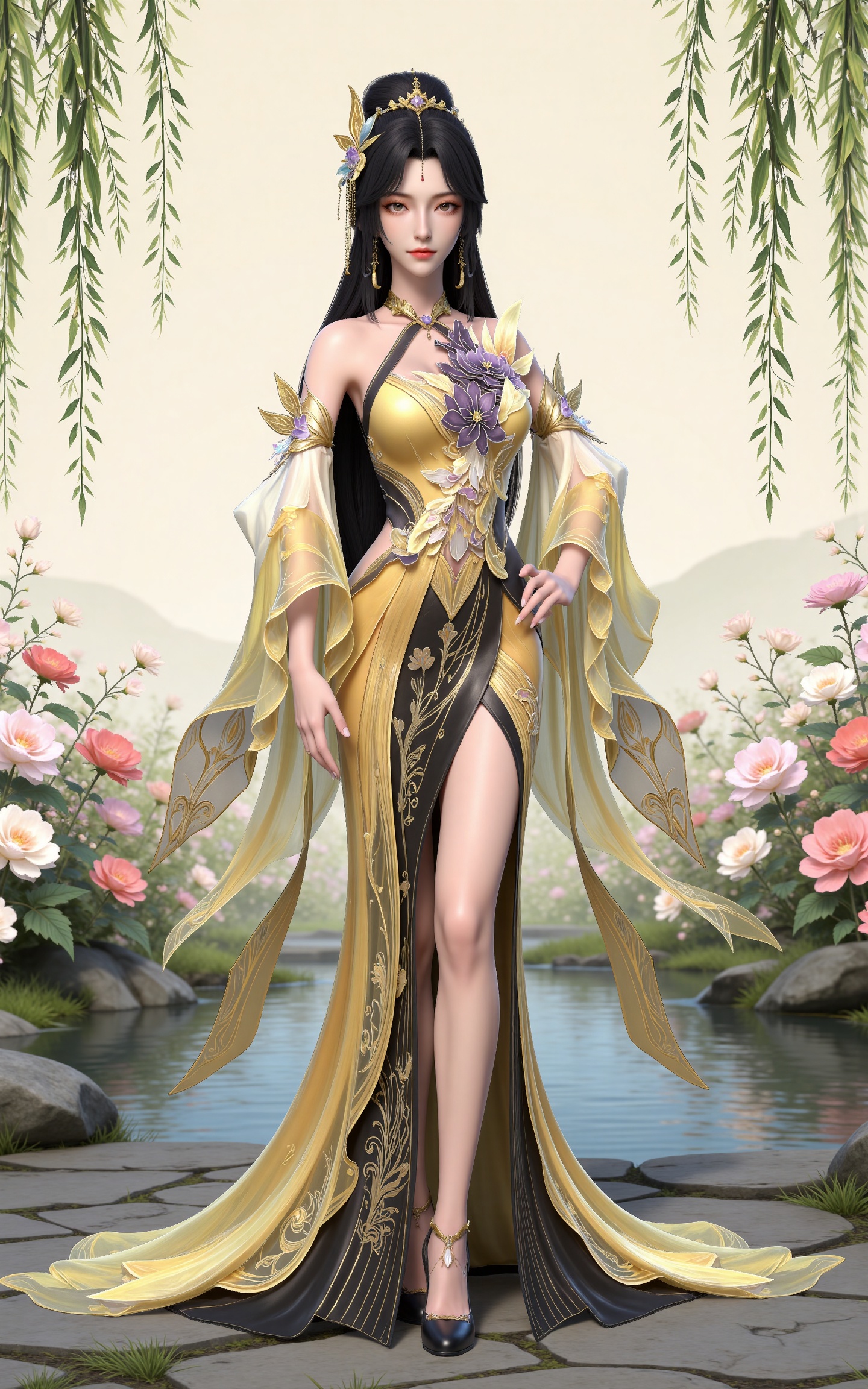 masterpiece,high quality,tall,game cg,highres,(white_skin:0.6),(shiny_skin:0.6),(realistic:1.1),looking_at_viewer,lvjing,
black hair, long hair, brown eyes, hair_bun, hair_ornament, forehead_jewel, jewelry, bare shoulders, wangxi yellow dress, detached_sleeves, high_heels,,nature,stone,flowers,hand on hip,