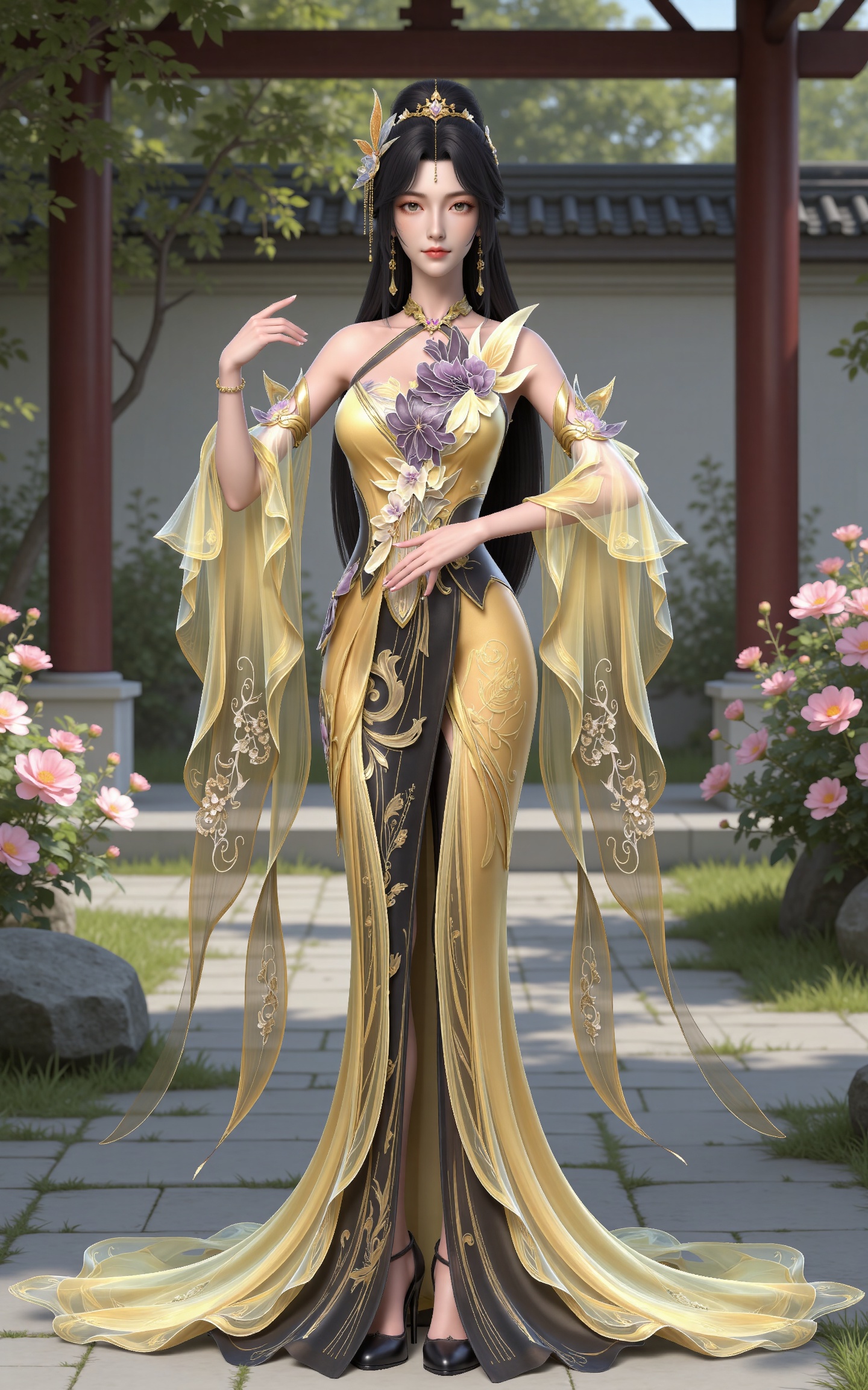 masterpiece,high quality,tall,game cg,highres,(white_skin:0.6),(shiny_skin:0.6),(realistic:1.1),looking_at_viewer,lvjing,
black hair, long hair, brown eyes, hair_bun, hair_ornament, forehead_jewel, jewelry, bare shoulders, wangxi yellow dress, detached_sleeves, high_heels,,nature,stone,flowers,hand on hip,